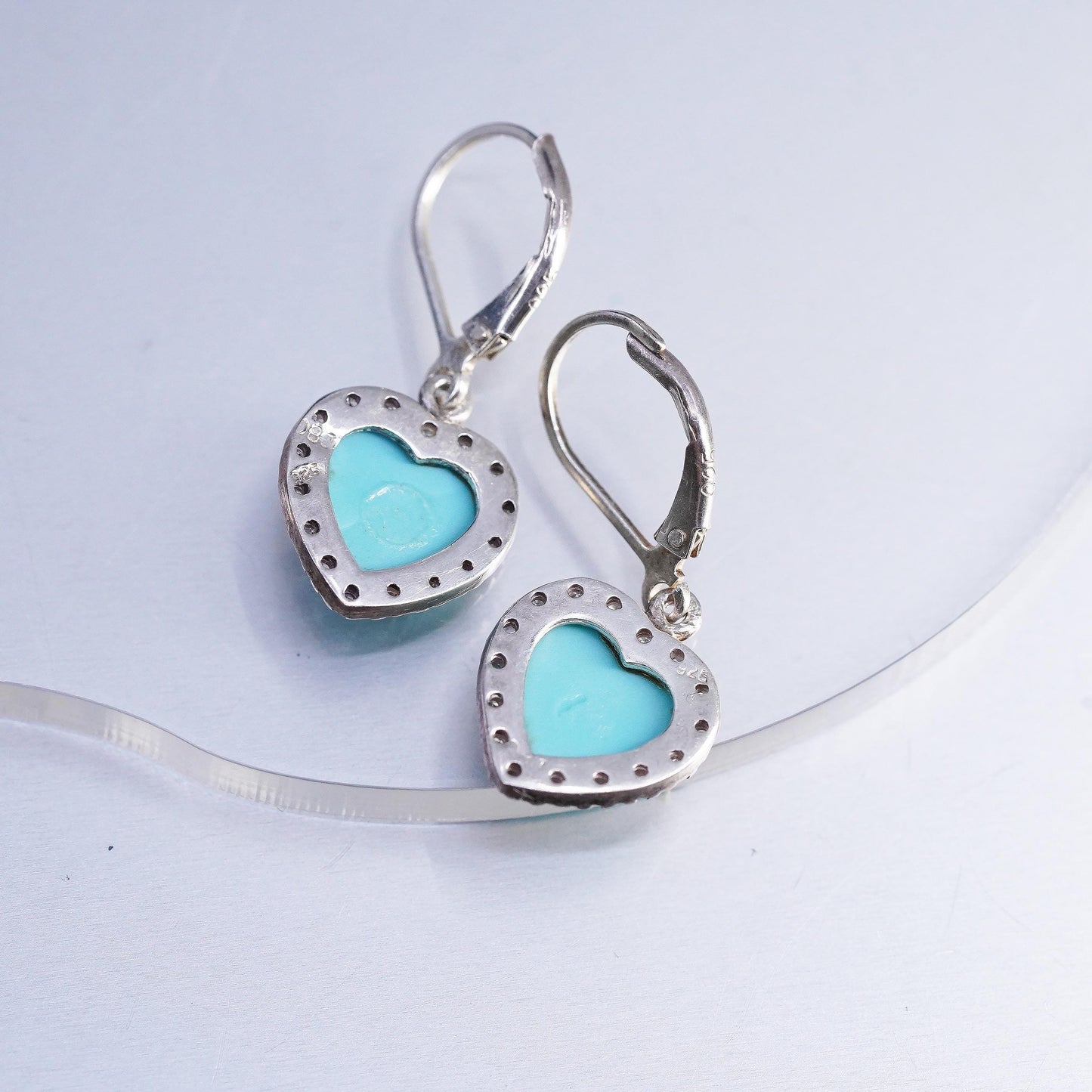 VTG 925 Sterling Silver Turquoise Heart Dangles, CZ Halo, Leverback Earrings