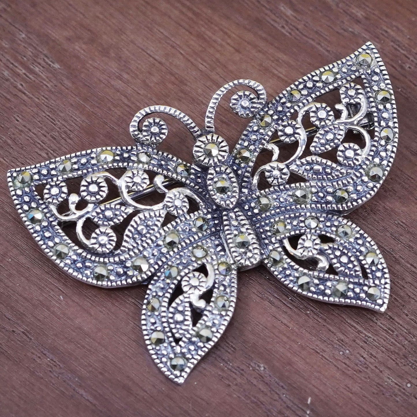 vtg antique Art Deco handmade sterling silver butterfly brooch with marcasite
