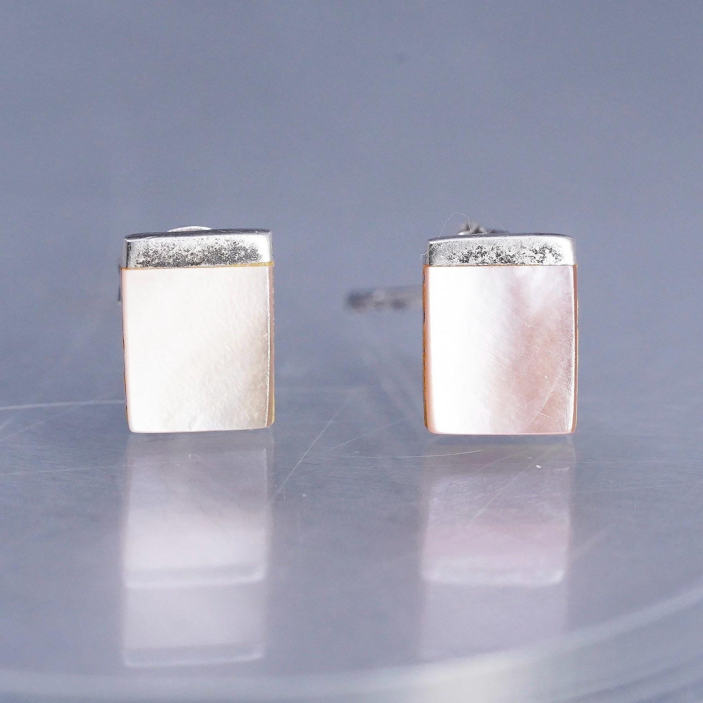 Vintage Sterling 925 silver handmade earrings rectangular studs mother of pearl