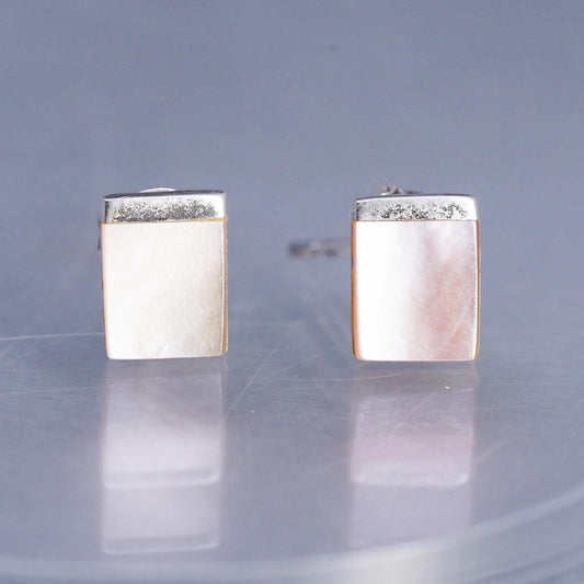 Vintage Sterling 925 silver handmade earrings rectangular studs mother of pearl