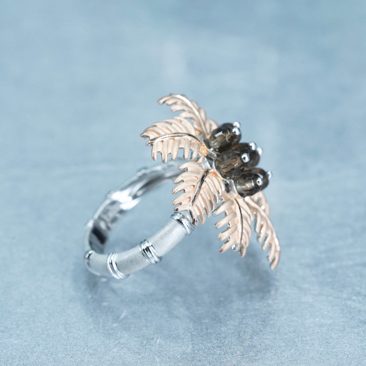 Size 8, two tone Sterling 925 silver handmade coconut tree ring smoky quartz