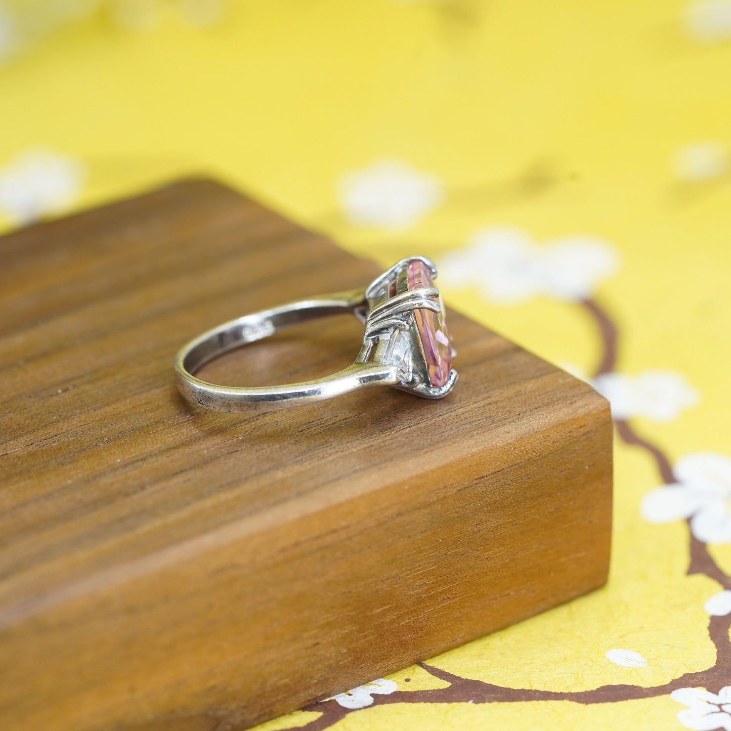 Size 8.25, vintage Sterling 925 silver ring with pink and clear cz