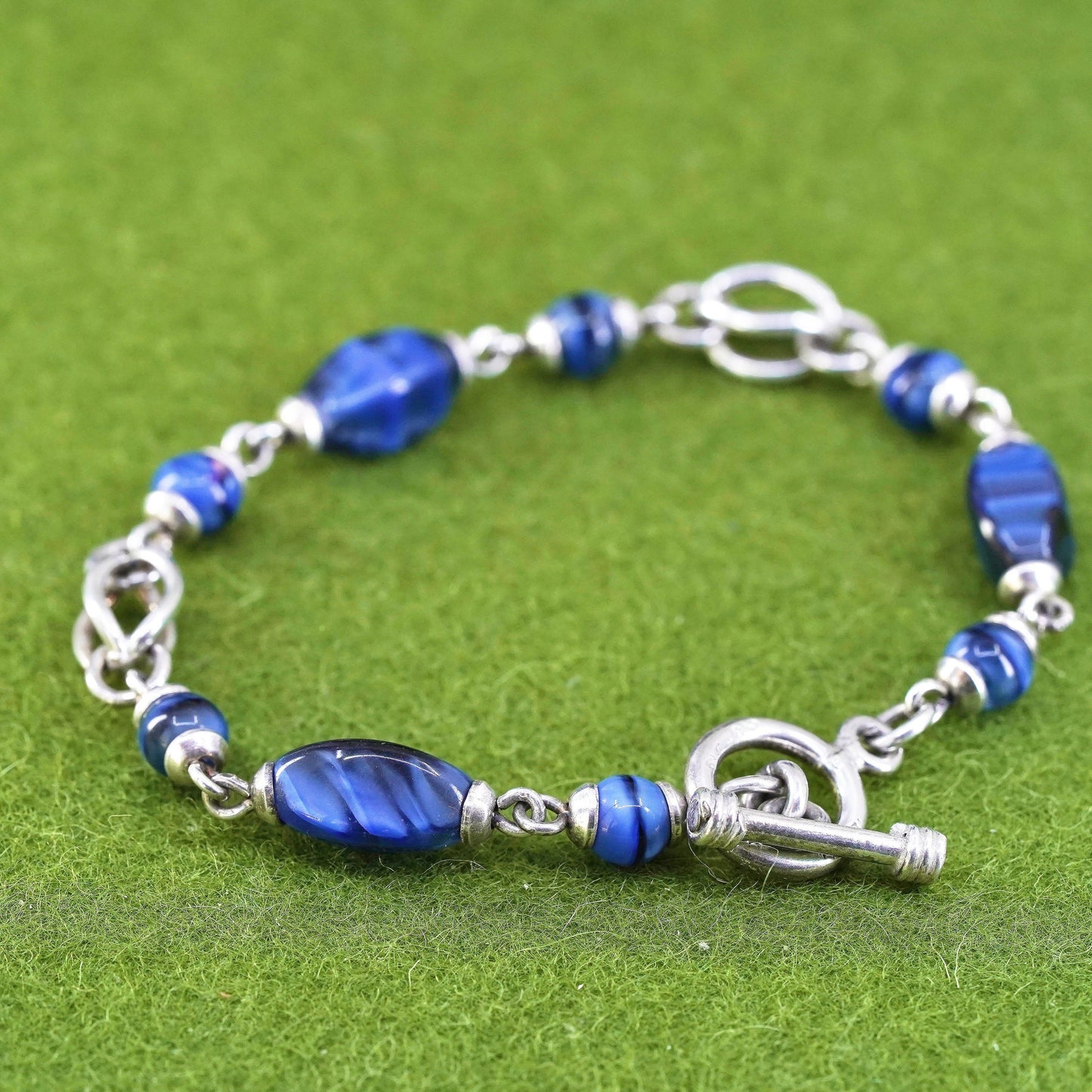 6.5”, Vintage Mexican sterling 925 silver bracelet with blue tiger eye nuggets