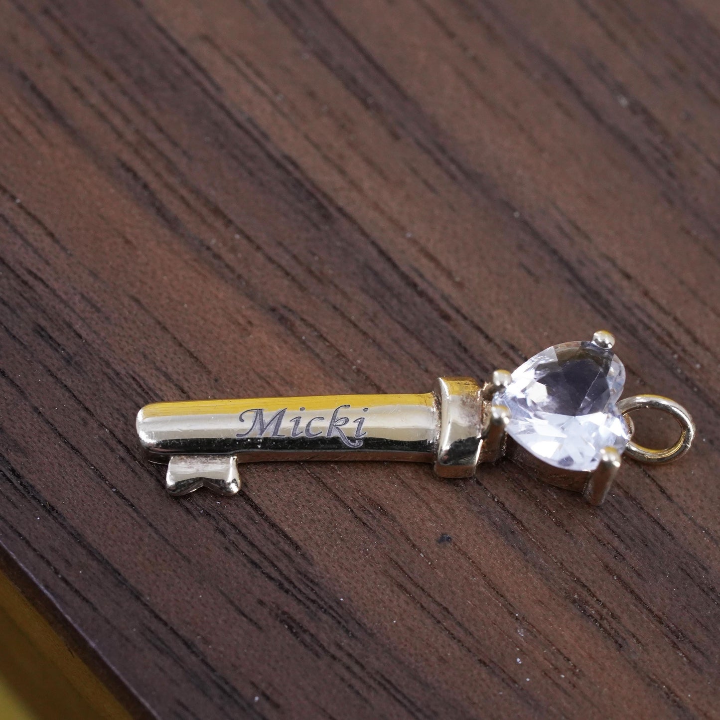 vermeil gold Sterling silver pendant, 925 heart shaped key cz engraved Micki