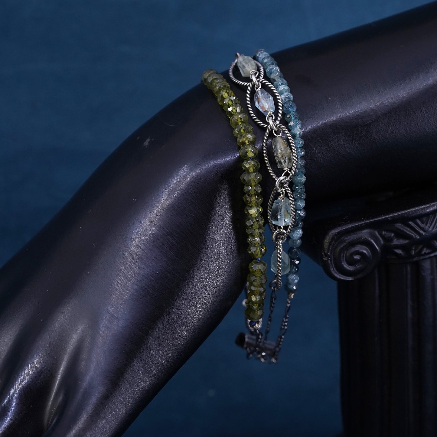 7.25", Sterling silver handmade multi strands bracelet with green peridot beads