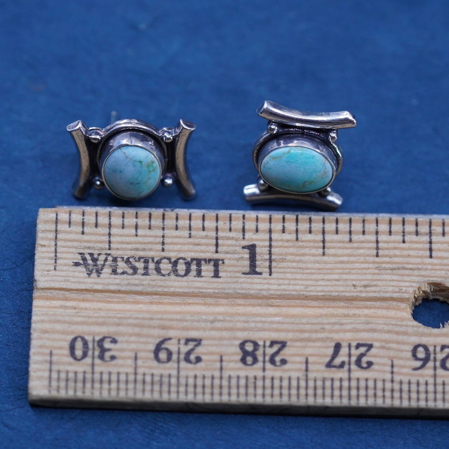 Vintage sterling silver handmade earrings, 925 studs with oval turquoise