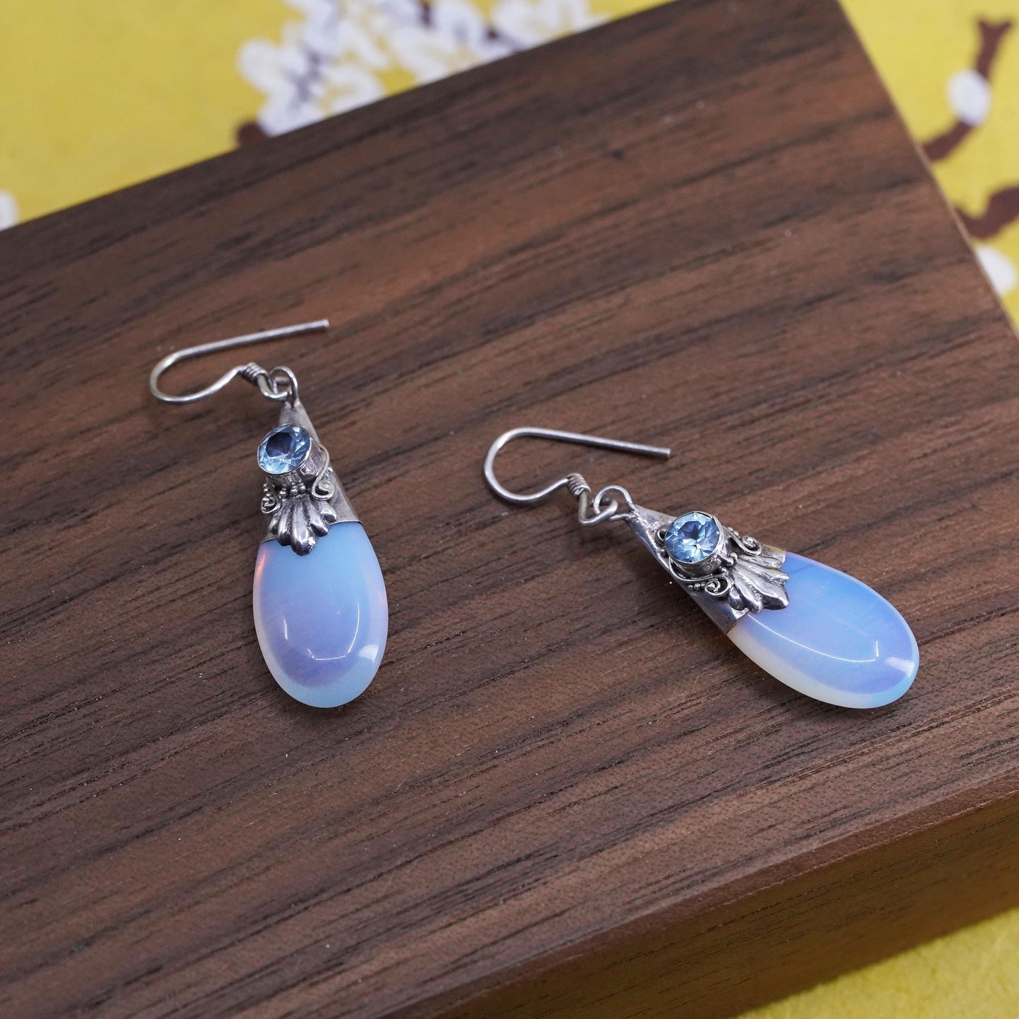 Vintage Sterling 925 silver handmade earrings with teardrop moonstone and topaz