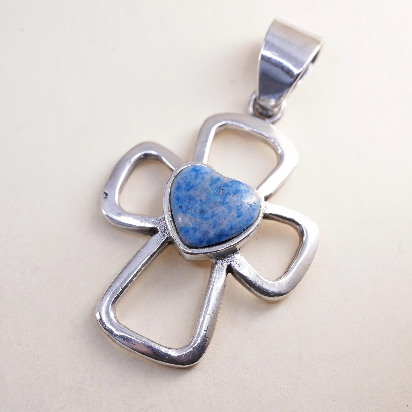 Vintage Sterling Silver 925 handmade cross pendant with heart denim Lapis