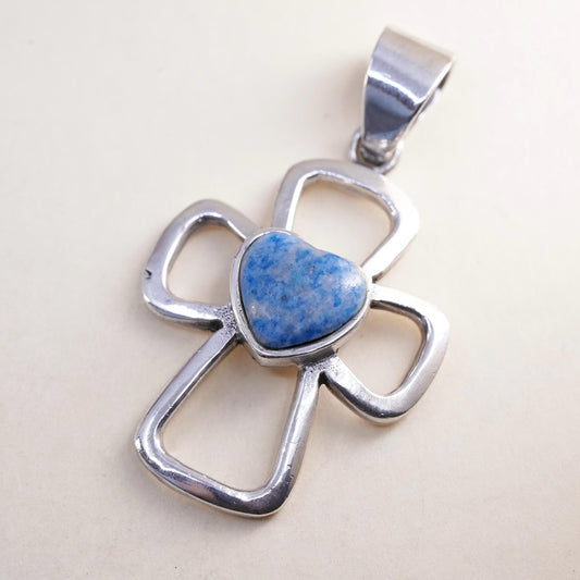 Vintage Sterling Silver 925 handmade cross pendant with heart denim Lapis