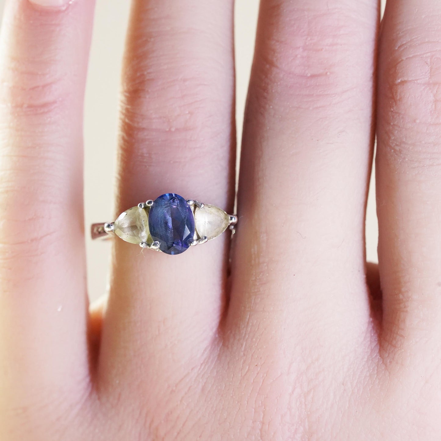 Size 8, vintage sterling 925 silver handmade ring with rainbow topaz and cz