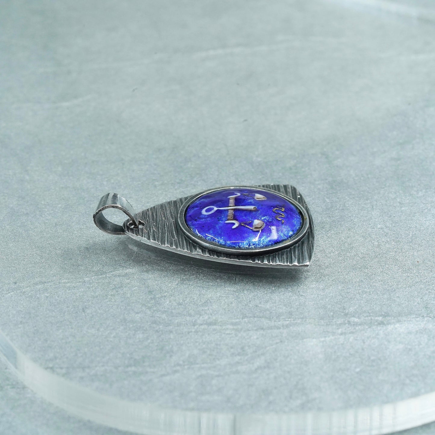 Vintage sterling 925 silver handmade sign Libra blue enamel tag pendant