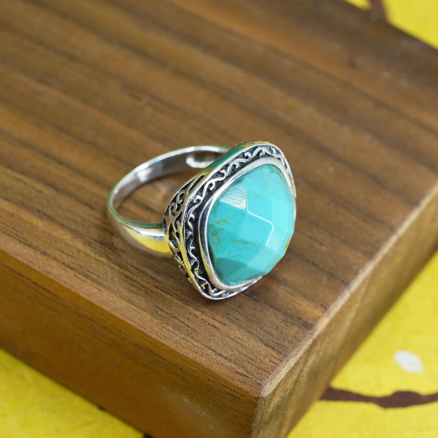 Size 8.25, vintage Sterling 925 silver handmade ring with turquoise filigree