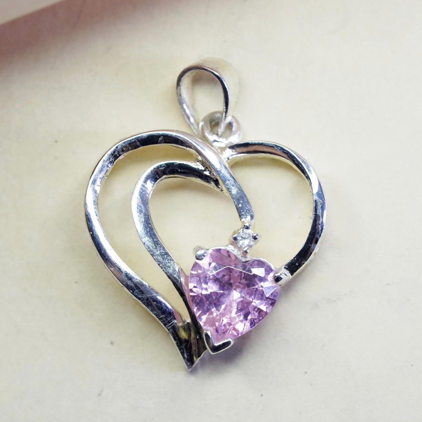 Vintage sterling silver pendant, heart 925 silver charm with pink crystal