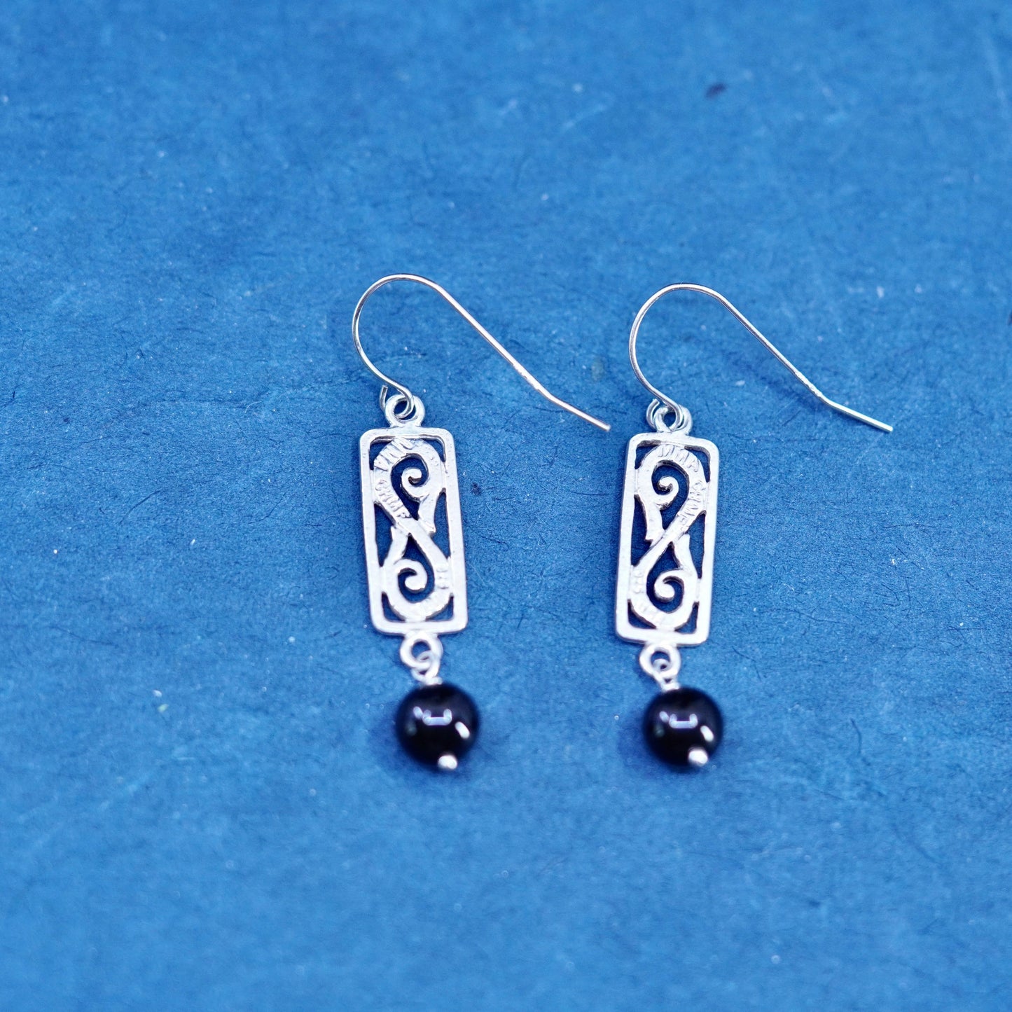 Vintage sterling 925 silver handmade filigree earrings with obsidian beads