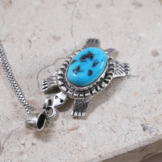 16” Native American Frederick Chavez Sterling 925 silver box necklace turtle