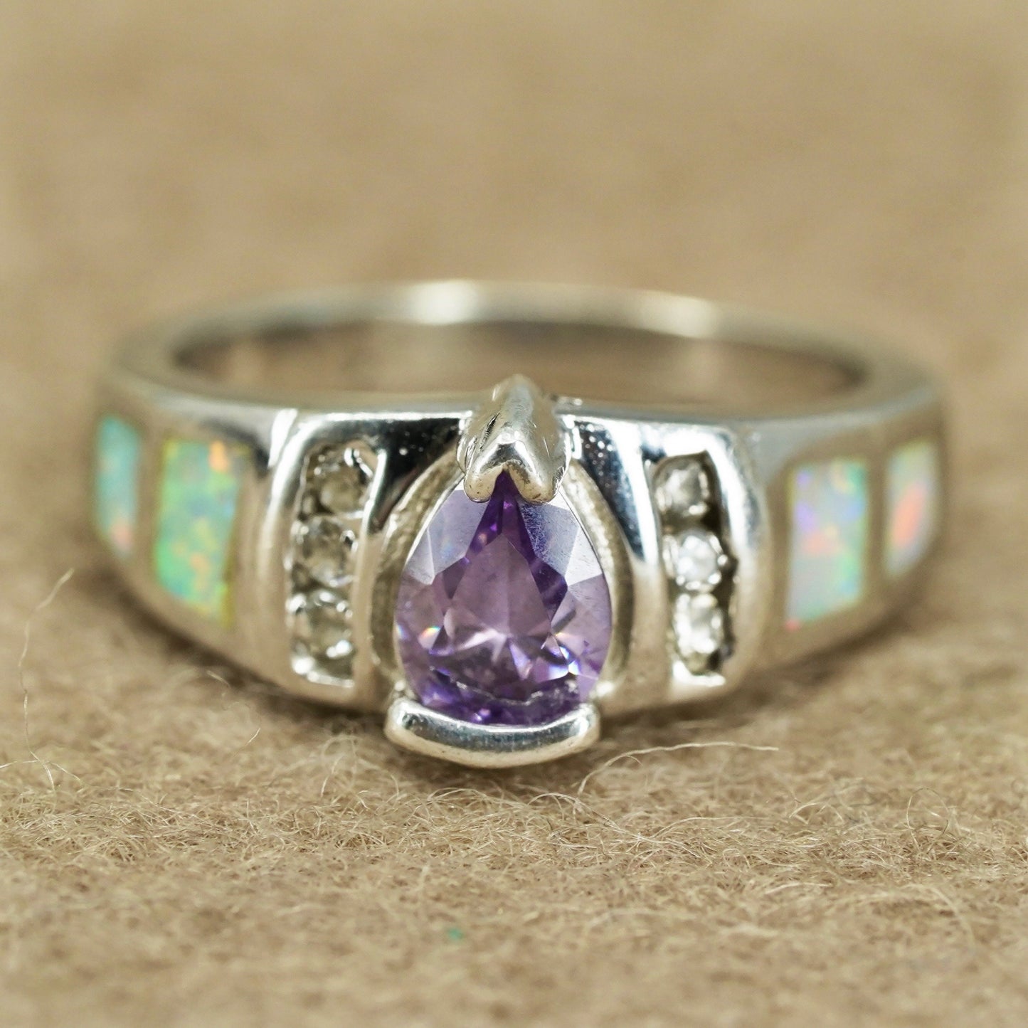 Size 6, vintage Sterling 925 silver handmade ring with amethyst and opal inlay