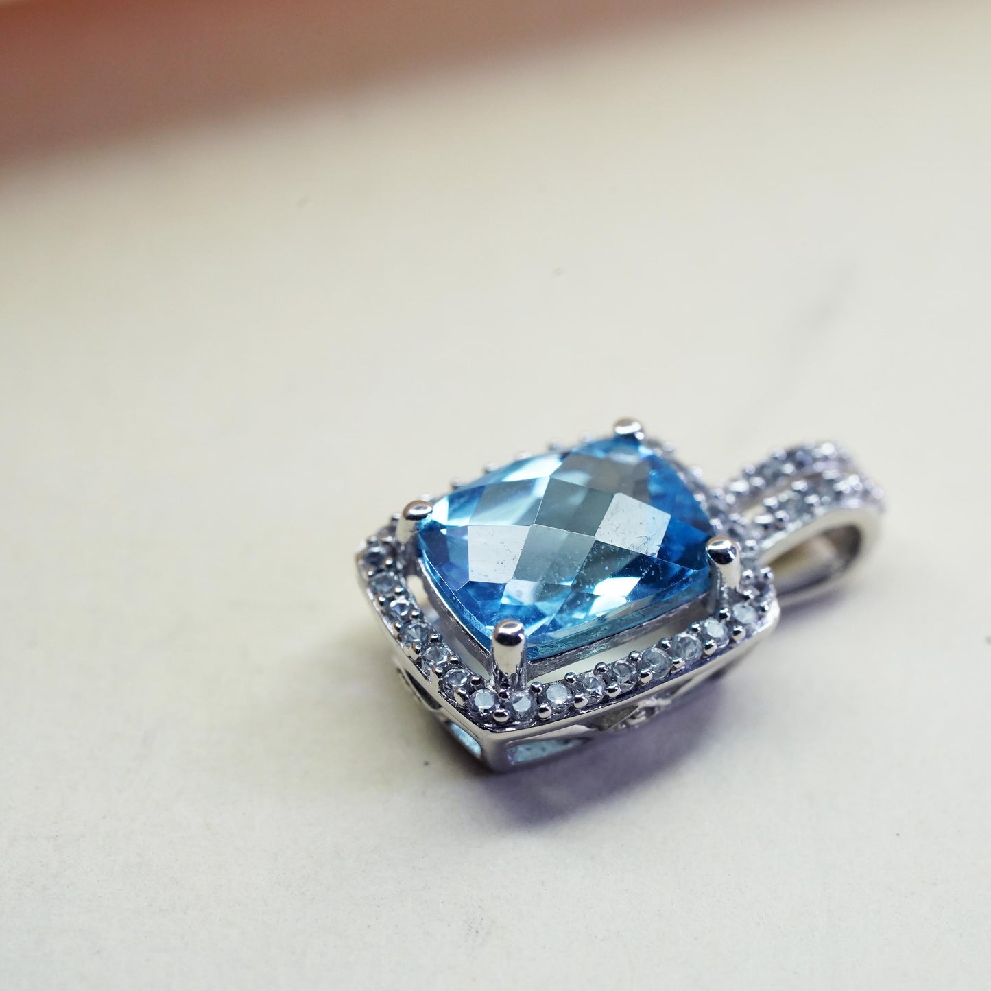 Vintage Sterling 925 silver pendant checkerboard cut blue topaz diamonds