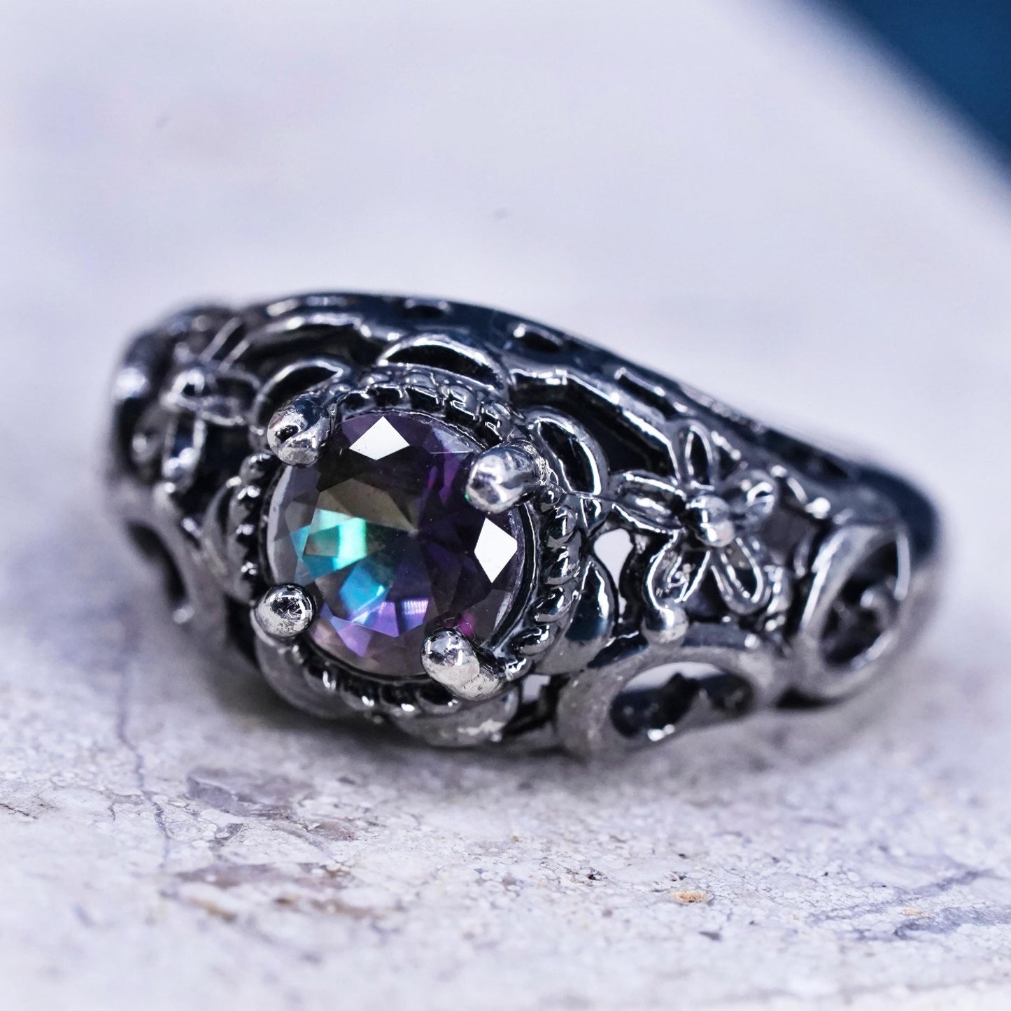 Size 5, vintage oxidized sterling 925 silver handmade ring with rainbow topaz