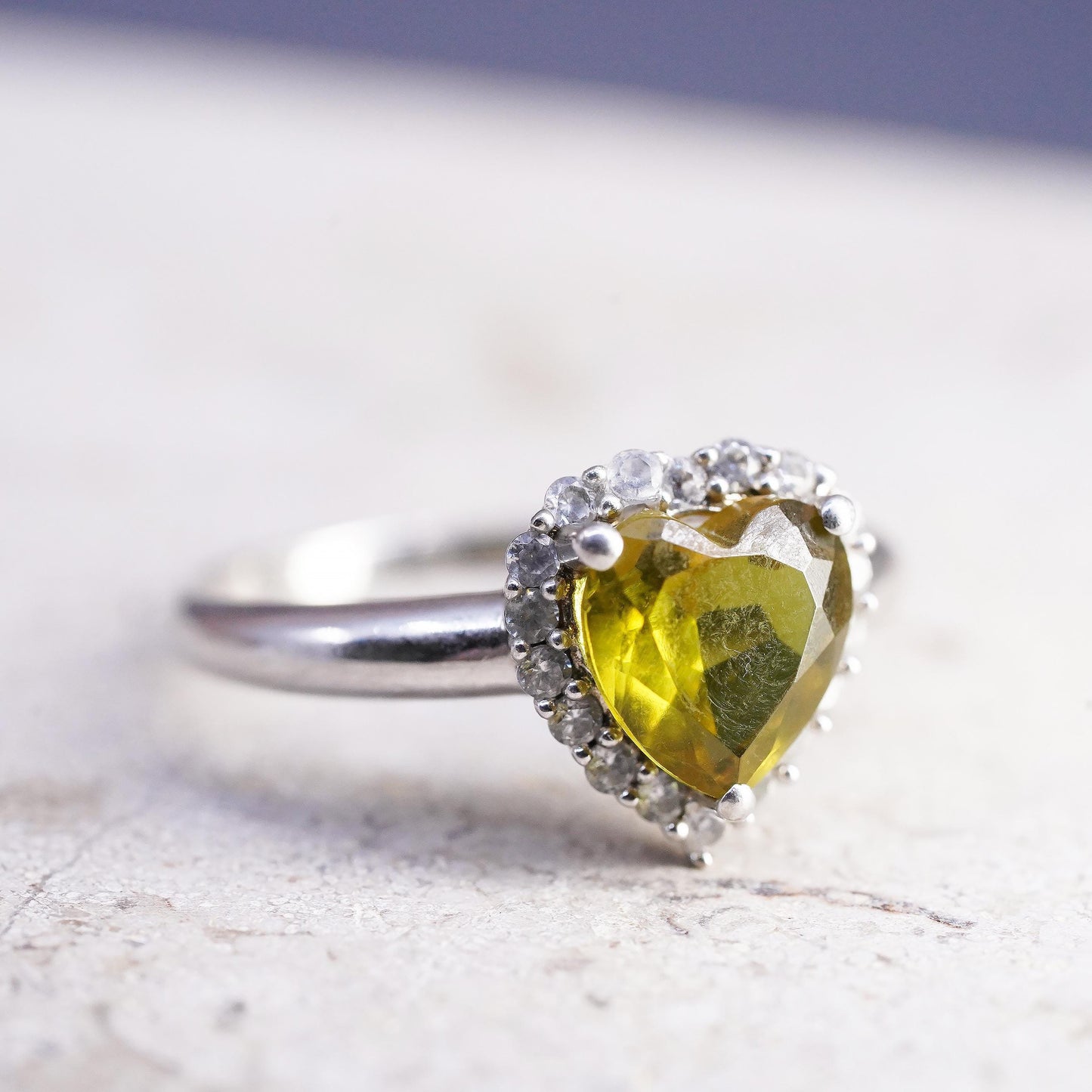 Size 7, VTG 925 Sterling Silver Heart Cut Yellow Citrine Halo Ring, Heart Ring