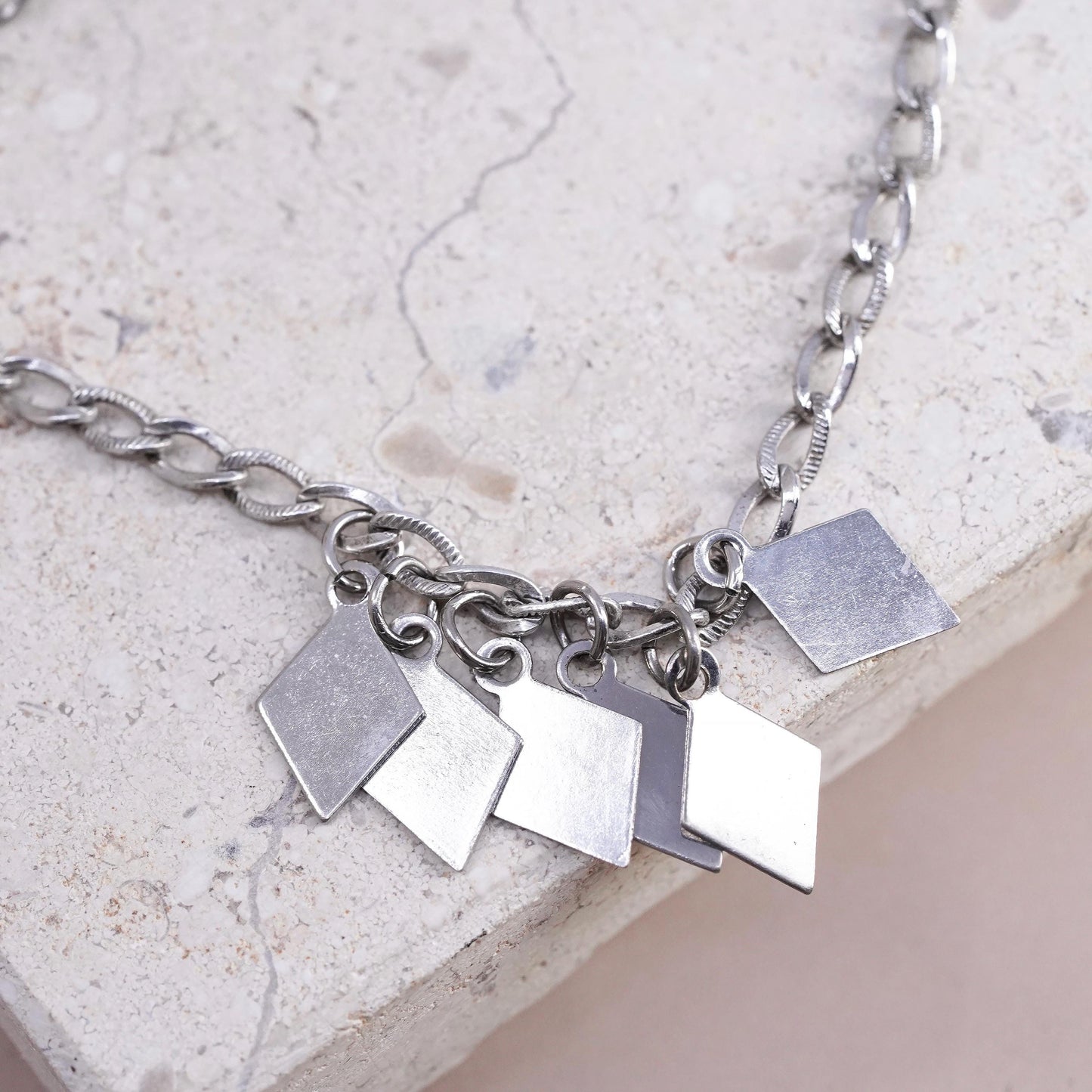 18”, vintage Sterling silver necklace, textured 925 curb chain diamond dangles