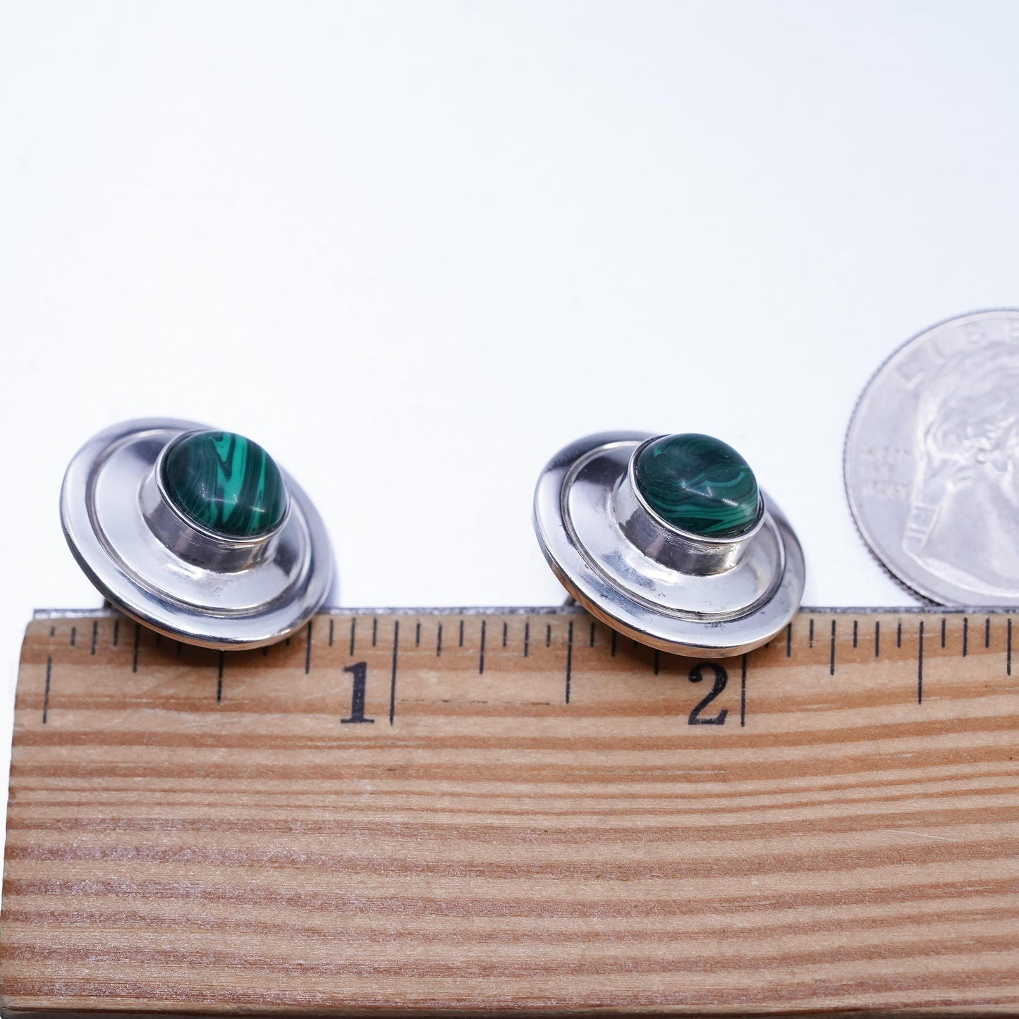 Vintage Mexican 925 Sterling Silver malachite onyx inlay circle studs Earrings