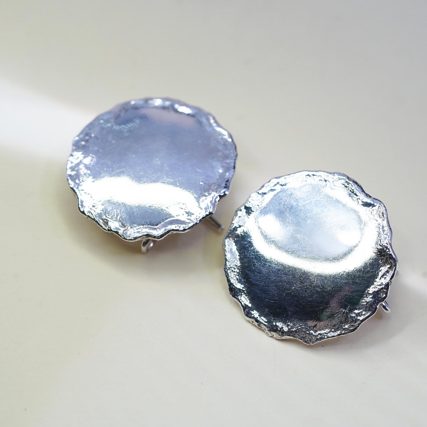 Vintage Rustic Sterling Silver Organic Disc Studs, Artisan 925 Silver Earrings