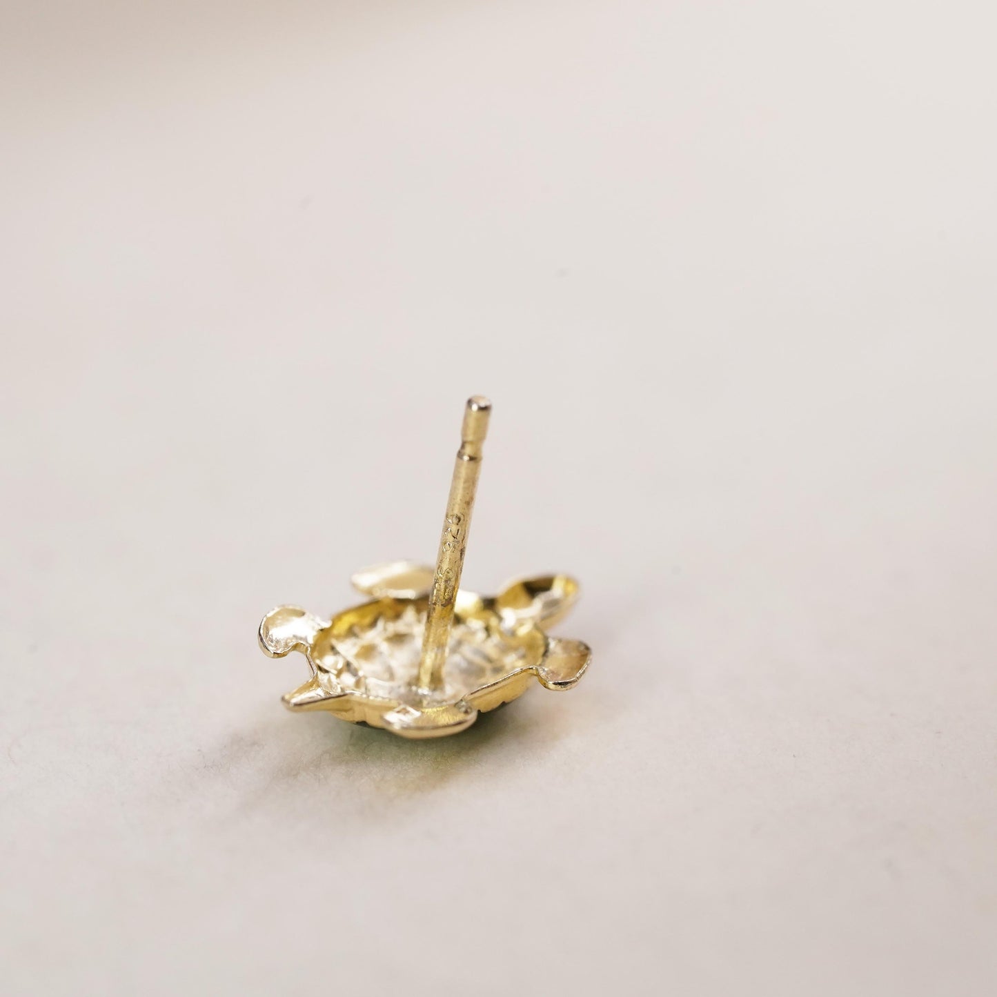 vermeil gold over single earring. Sterling 925 silver green enamel turtle stud