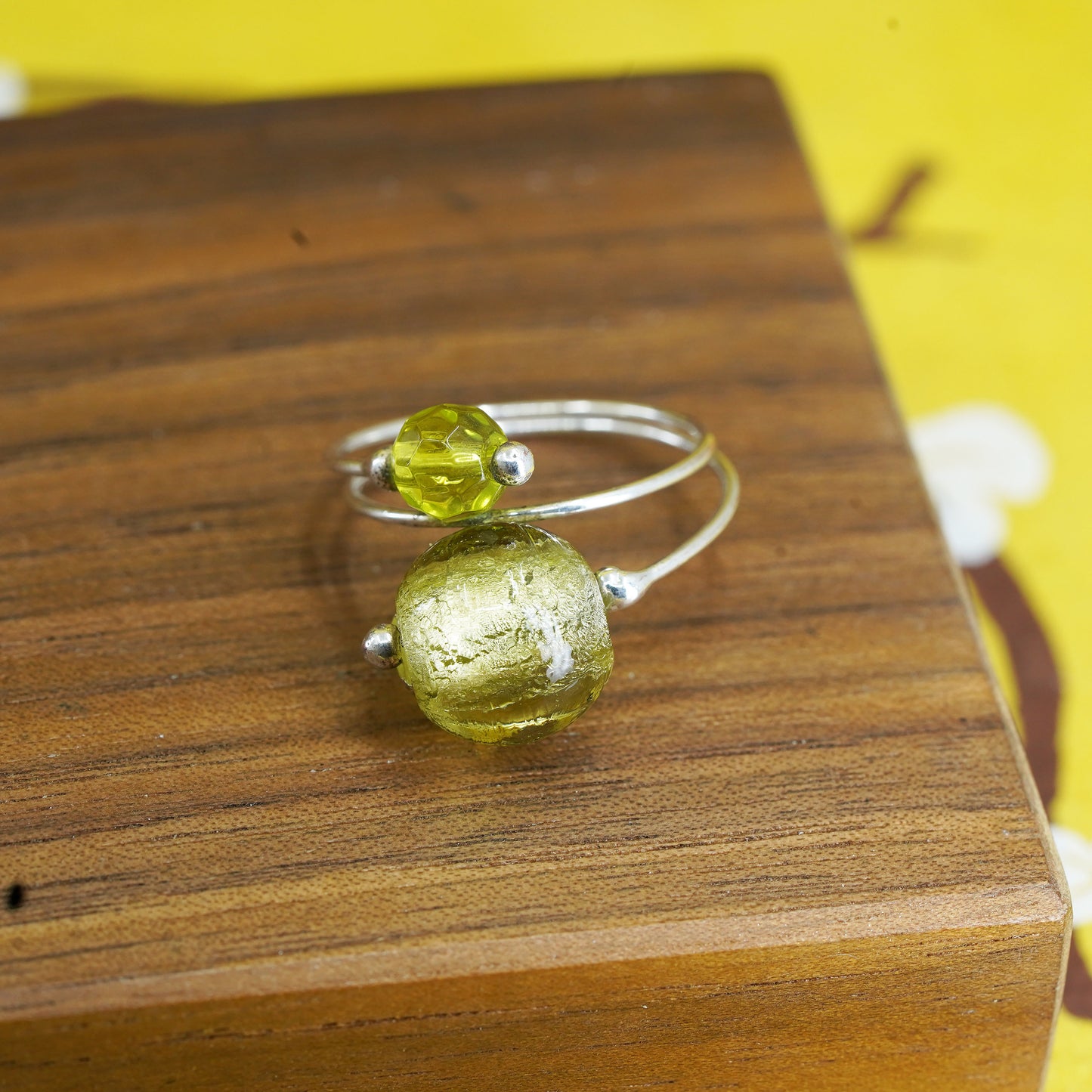 Size 6, Sterling silver handmade ring, southwestern 925 with green foiled glass