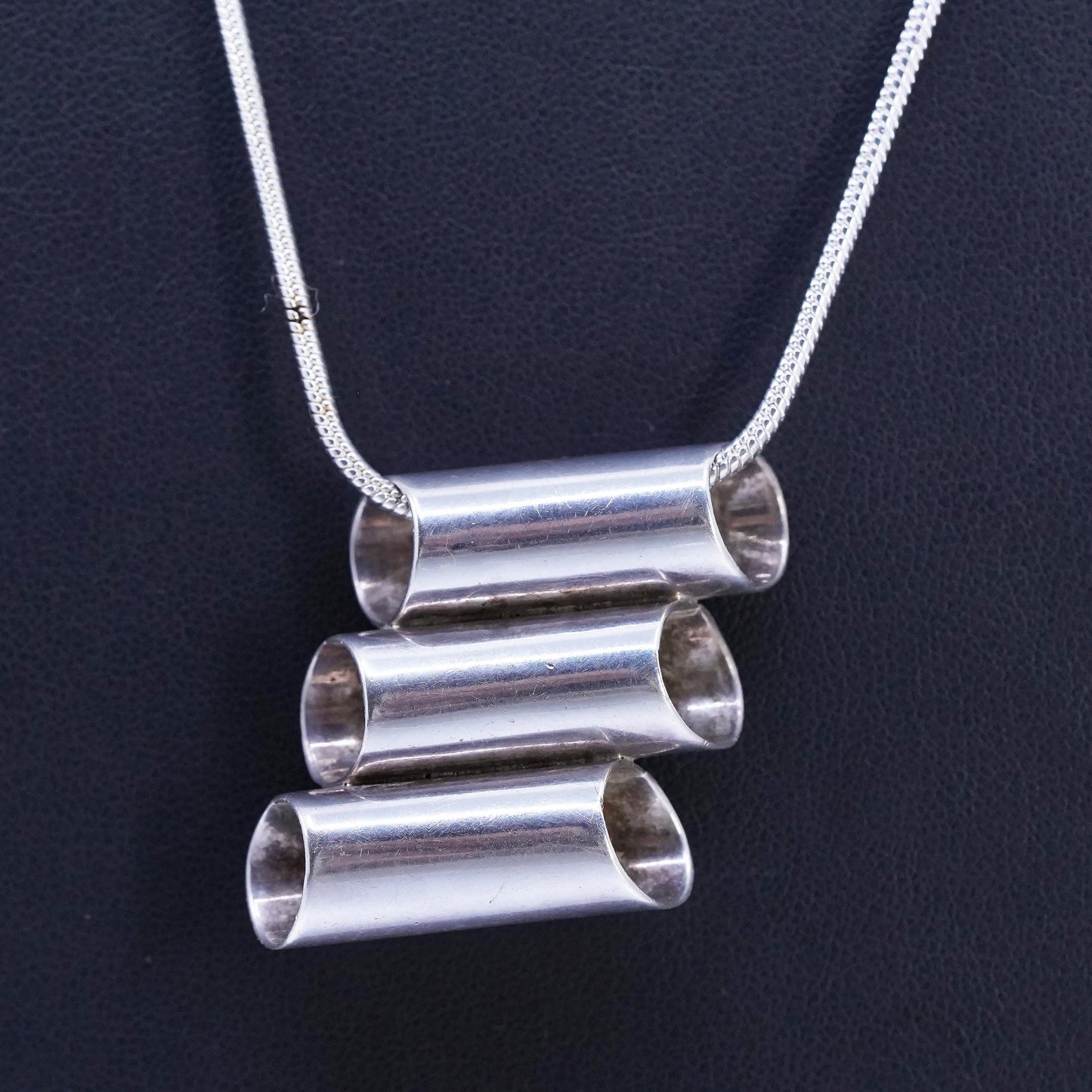 22" 1.6mm, vintage Sterling 925 silver snake chain necklace triple tube pendant