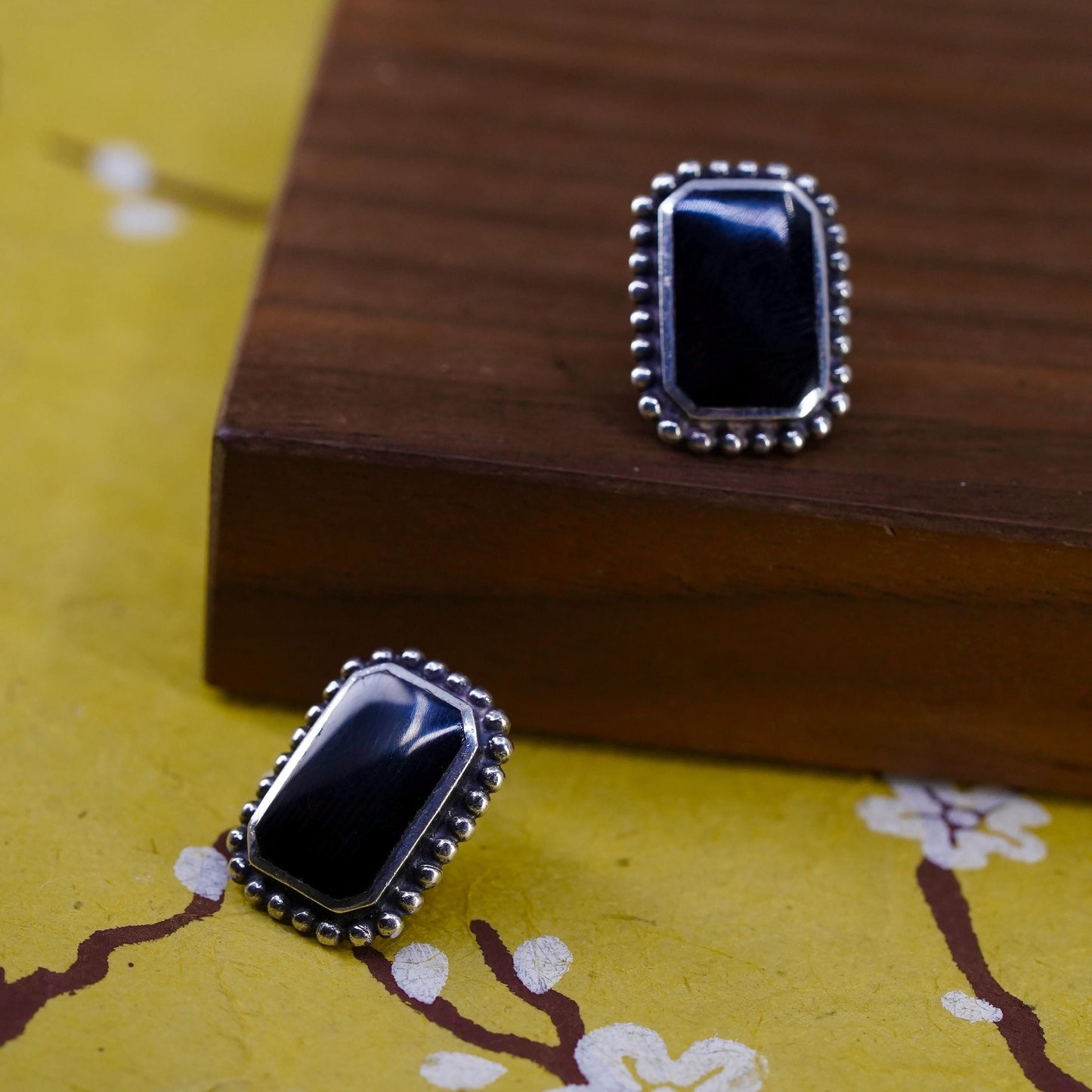 Vintage Sterling 925 silver handmade rectangular studs earrings with onyx beads