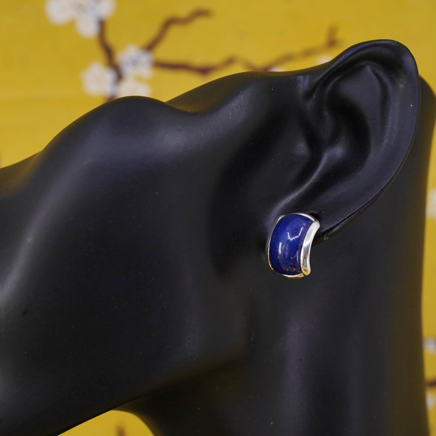 vintage Sterling silver handmade earrings, 925 huggie studs with lapis lazuli