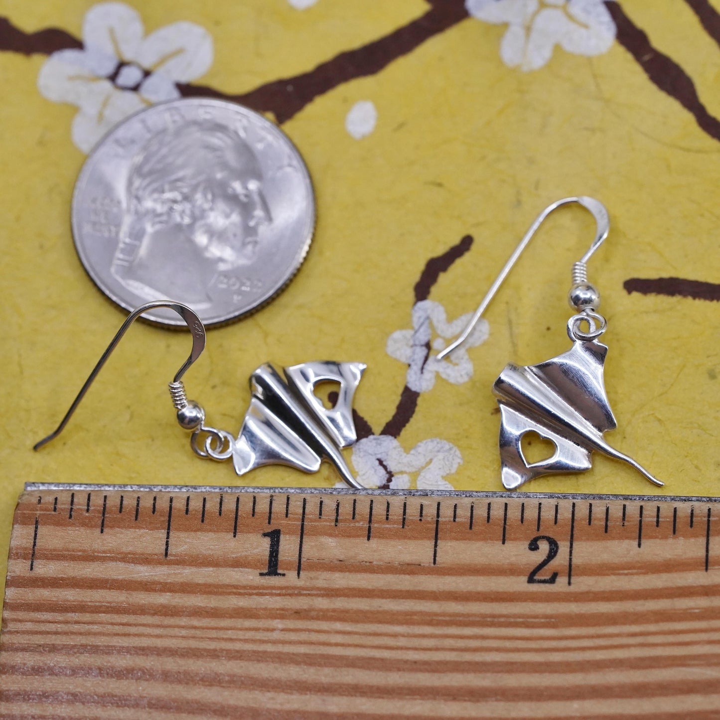 Vintage sterling silver handmade earrings, 925 stingray fish dangles