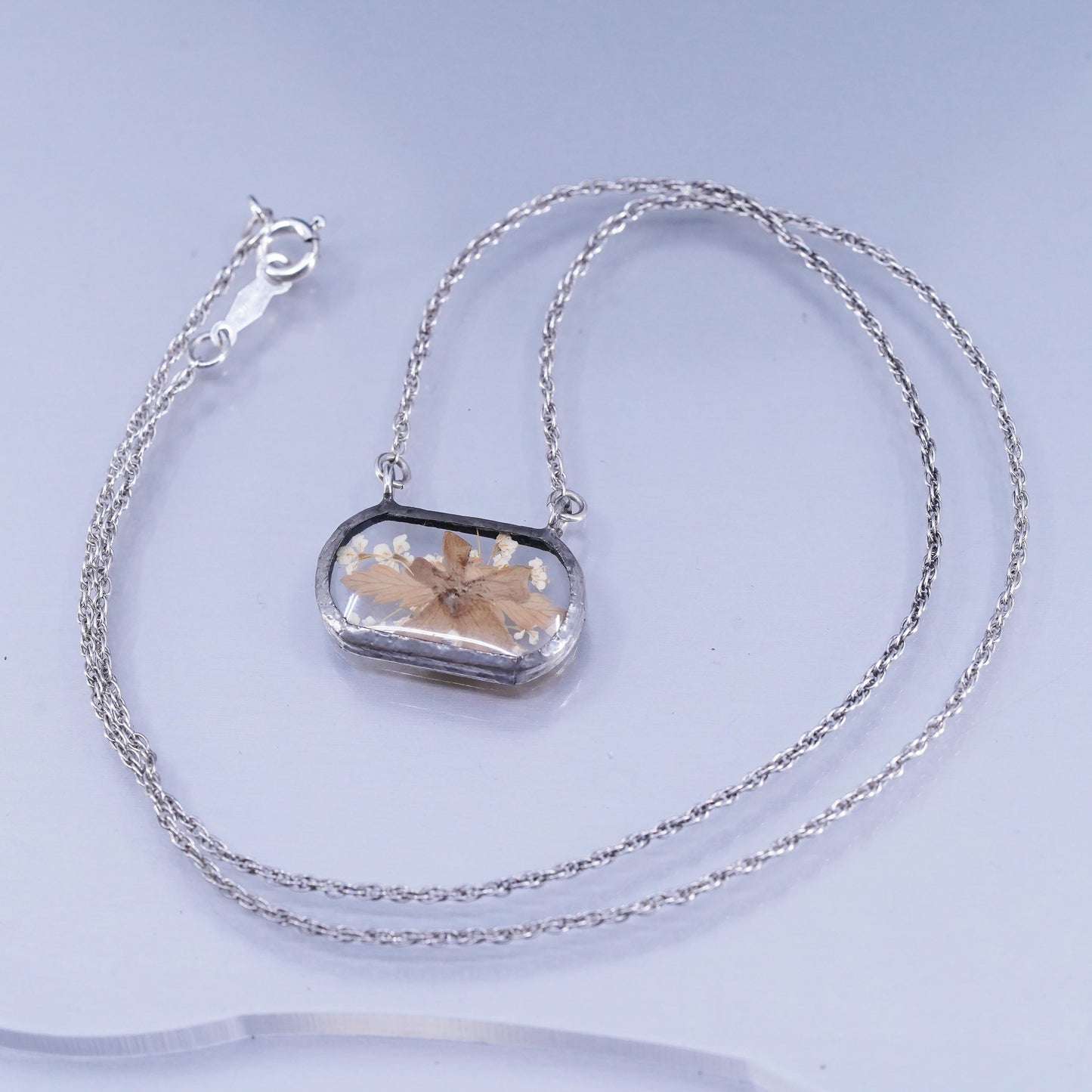 18”, sterling 925 silver Singapore rope chain necklace resin flower pendant