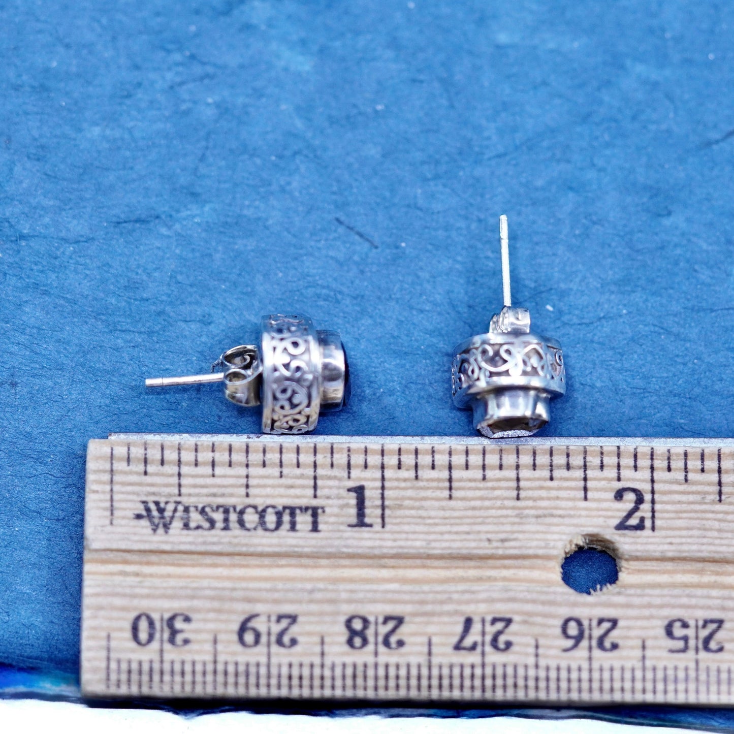 Vintage Sterling silver handmade earrings, 925 heart studs with ruby