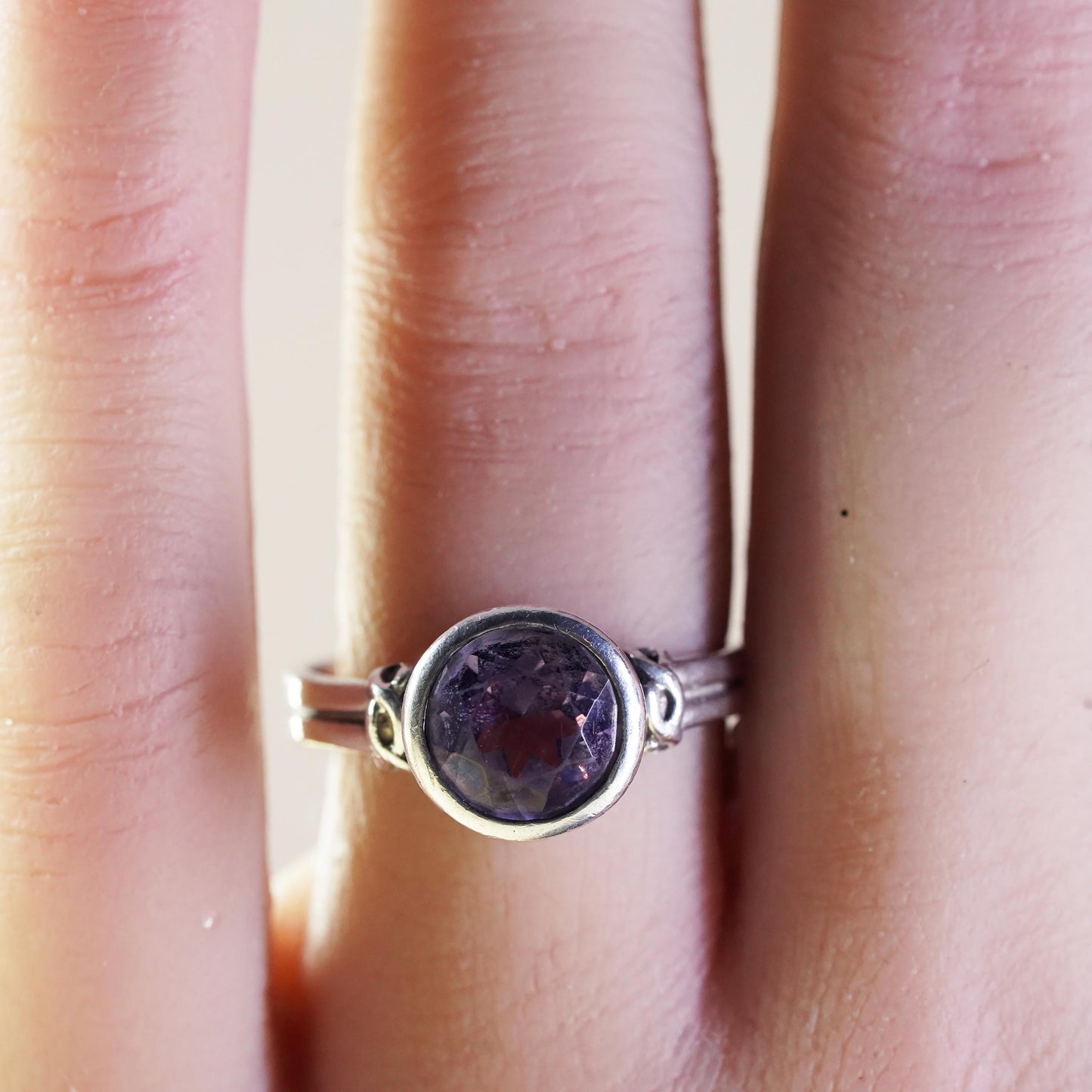 Size 7.5, vintage Sterling silver handmade ring, 925 band with round amethyst
