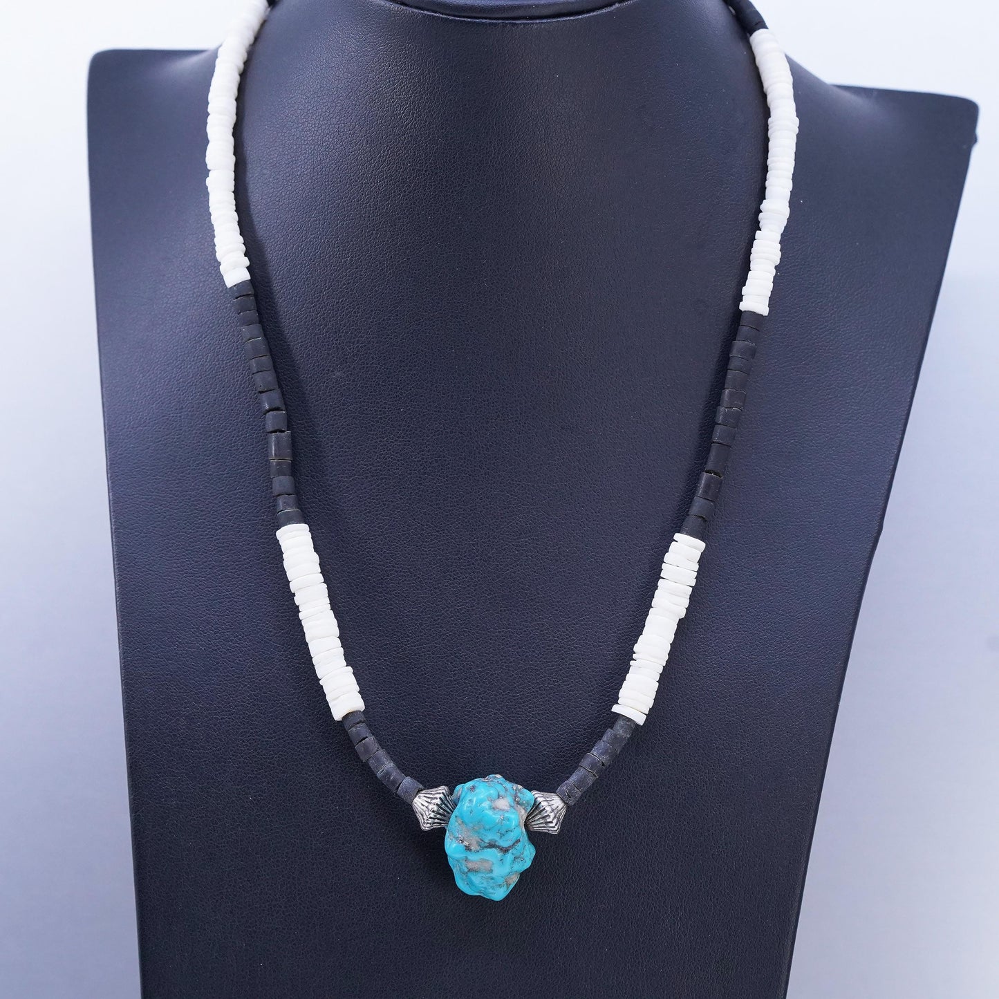 18", VTG Sterling 925 silver handmade heishi necklace turquoise nugget pendant