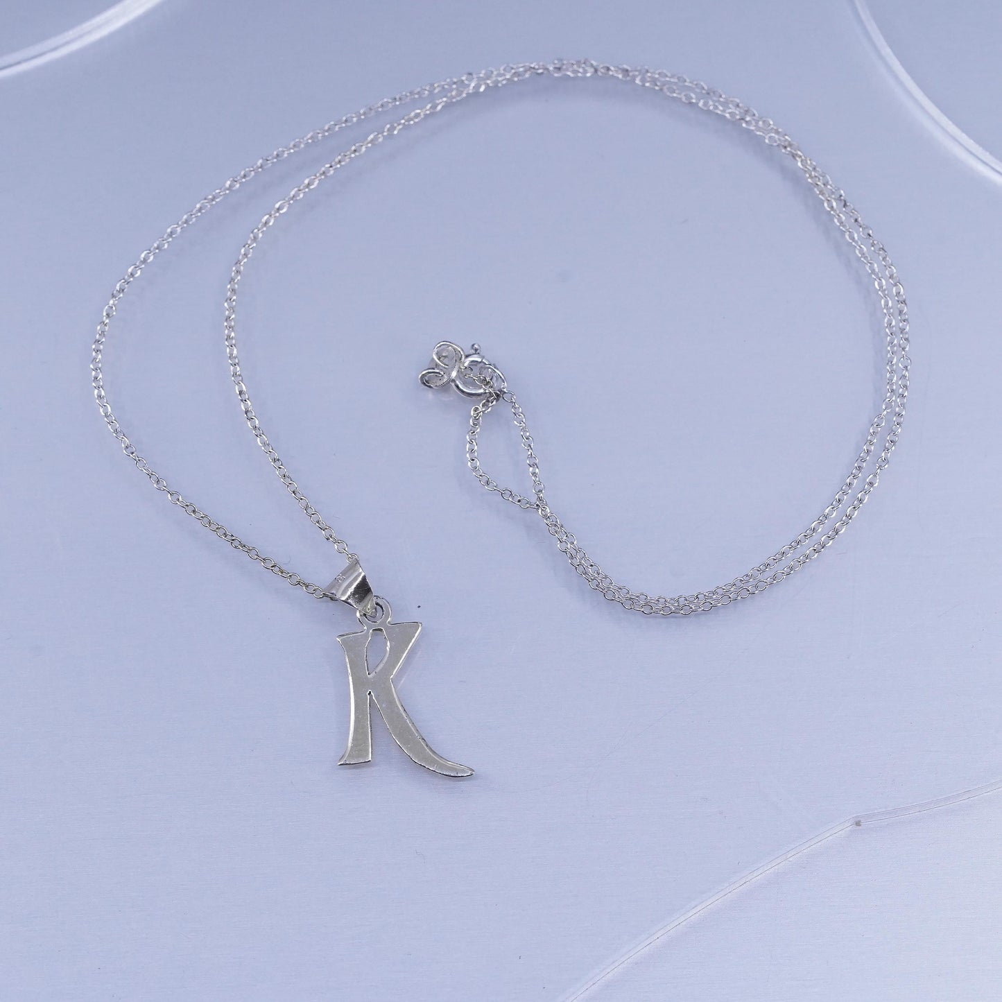 18”, vintage Sterling silver necklace, 925 circle chain with letter K pendant