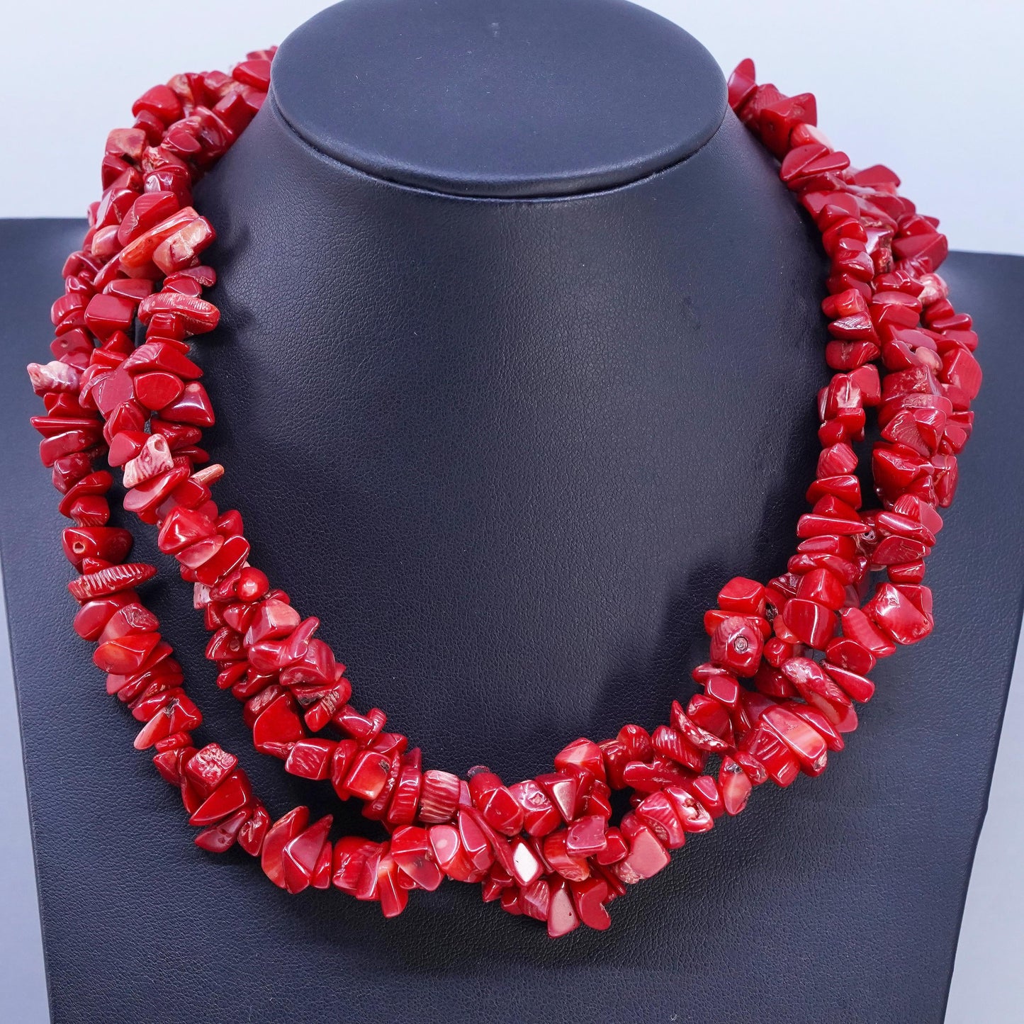 16+1", Native American multi strands necklace, Coral beads sterling 925 silver