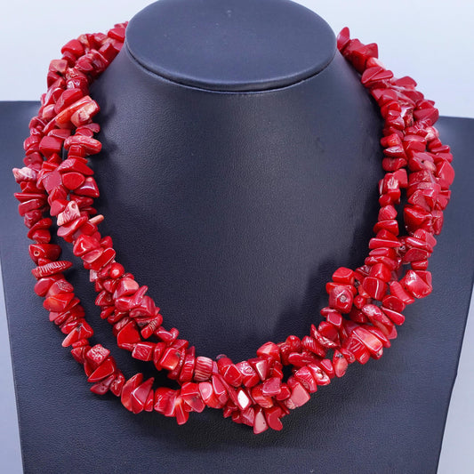 16+1", Native American multi strands necklace, Coral beads sterling 925 silver