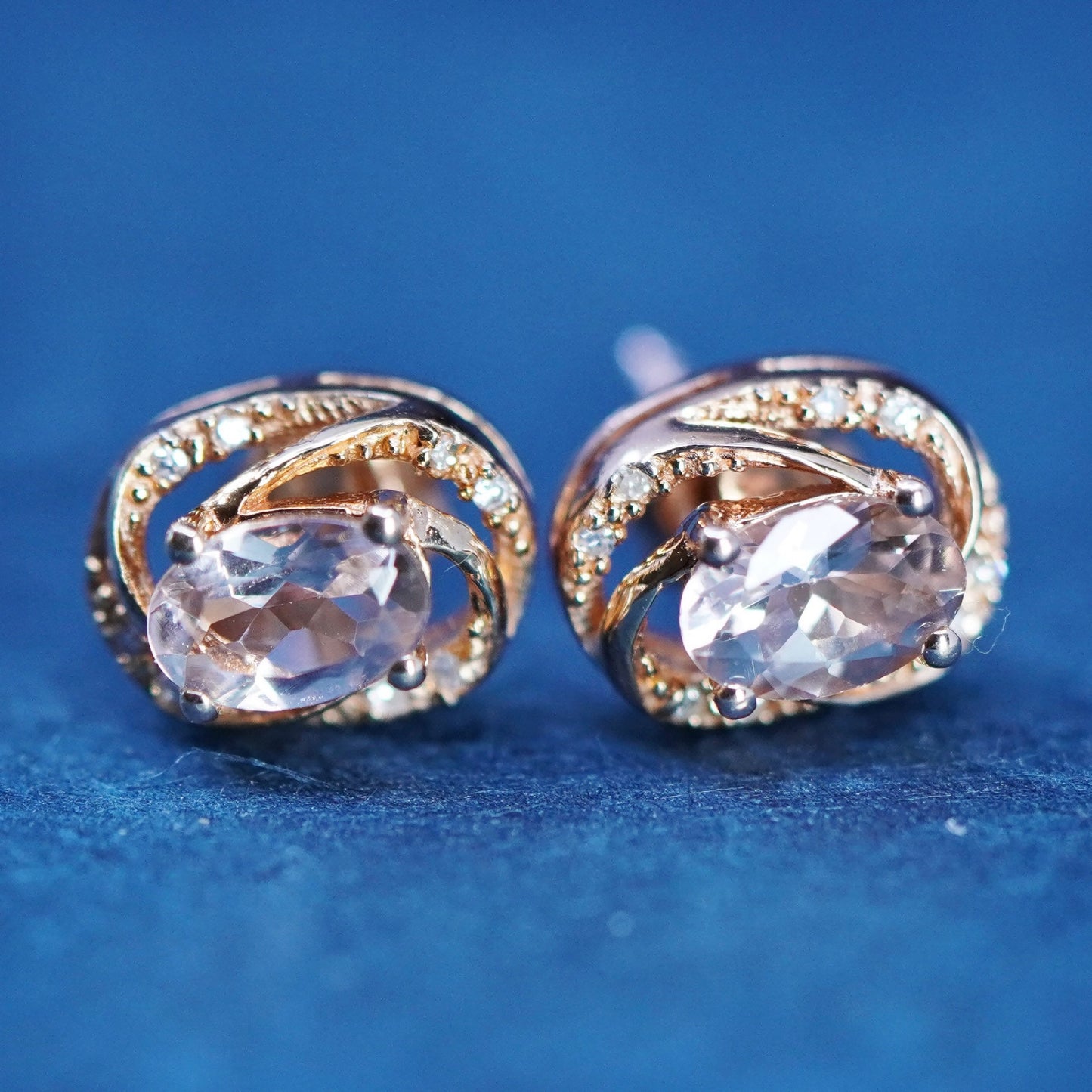 Vintage vermeil rose gold over sterling silver earrings, 925 studs w/ cz inlay