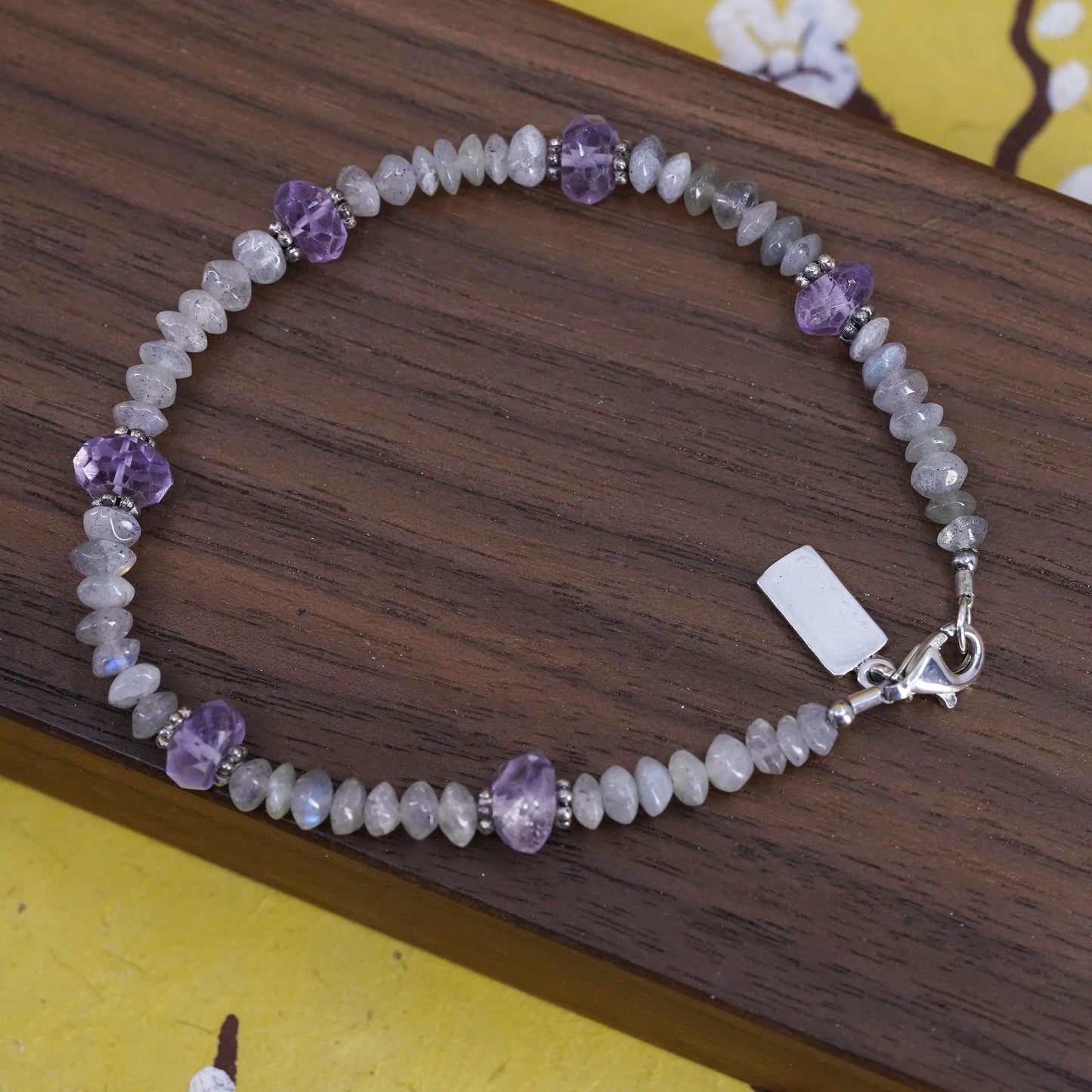 6.75", Baroni Sterling silver bracelet, moonstone amethyst beads chain