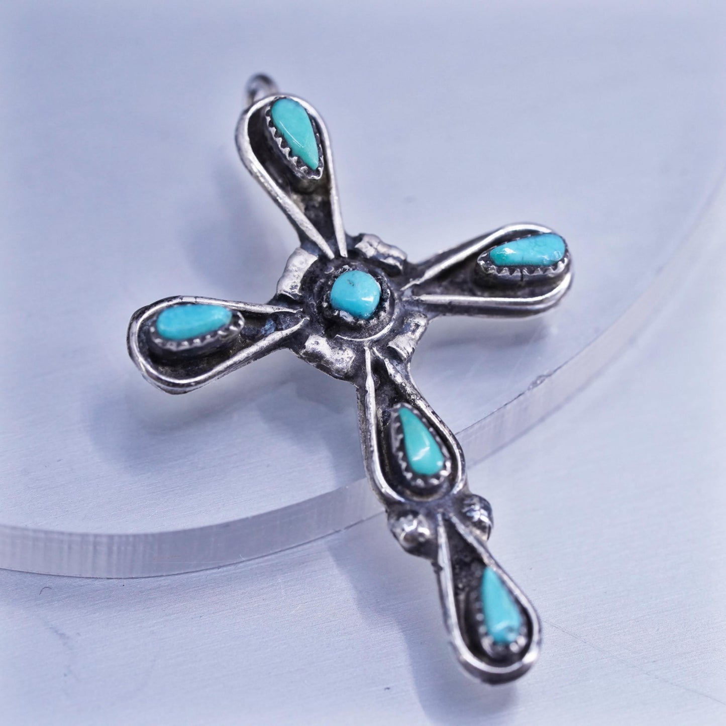Native American Zuni sterling 925 silver cross pendant with turquoise