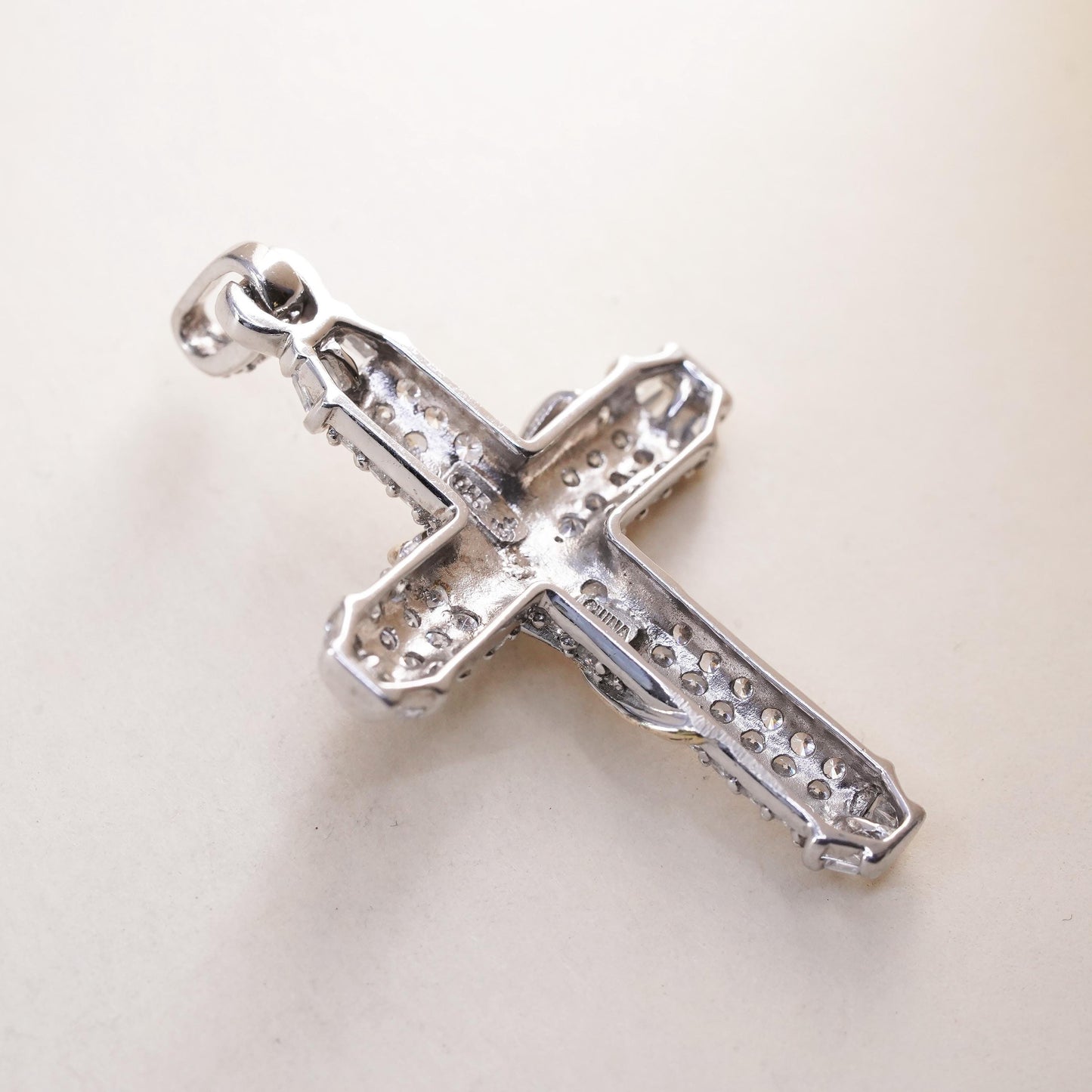 Vintage sterling silver pendant, 925 cross with cluster Cz and gold vines