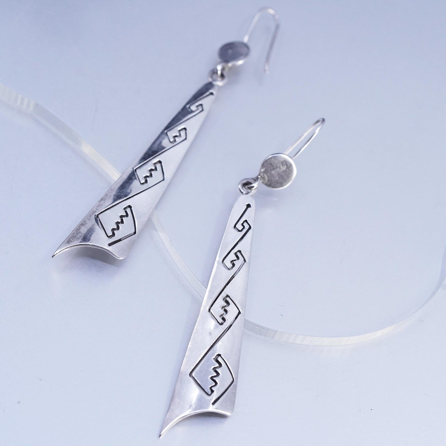 Vintage Mexican Sterling 925 silver handmade long earrings w/ Greek key cut out