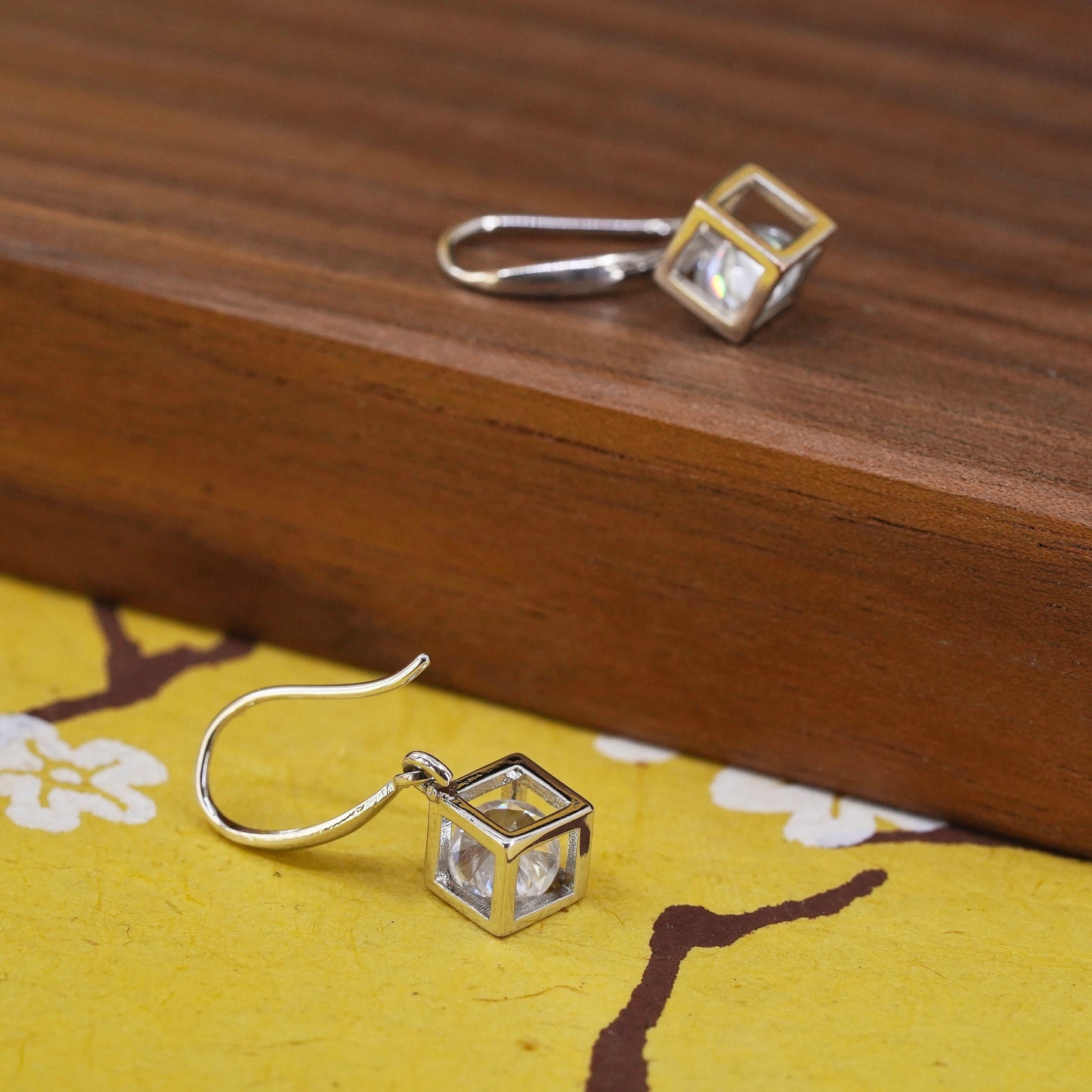 Vintage Sterling 925 silver handmade earrings with CZ cube cage dangles