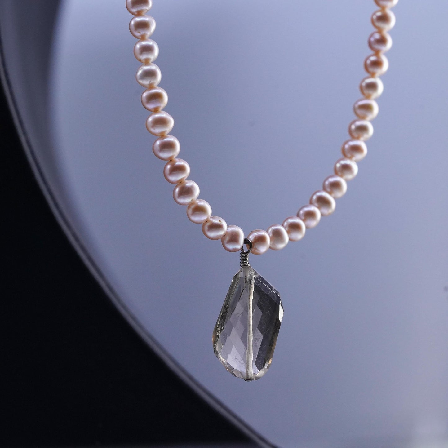 18+2", Ollie Sterling 925 silver necklace freshwater pearl smoky quartz pendant