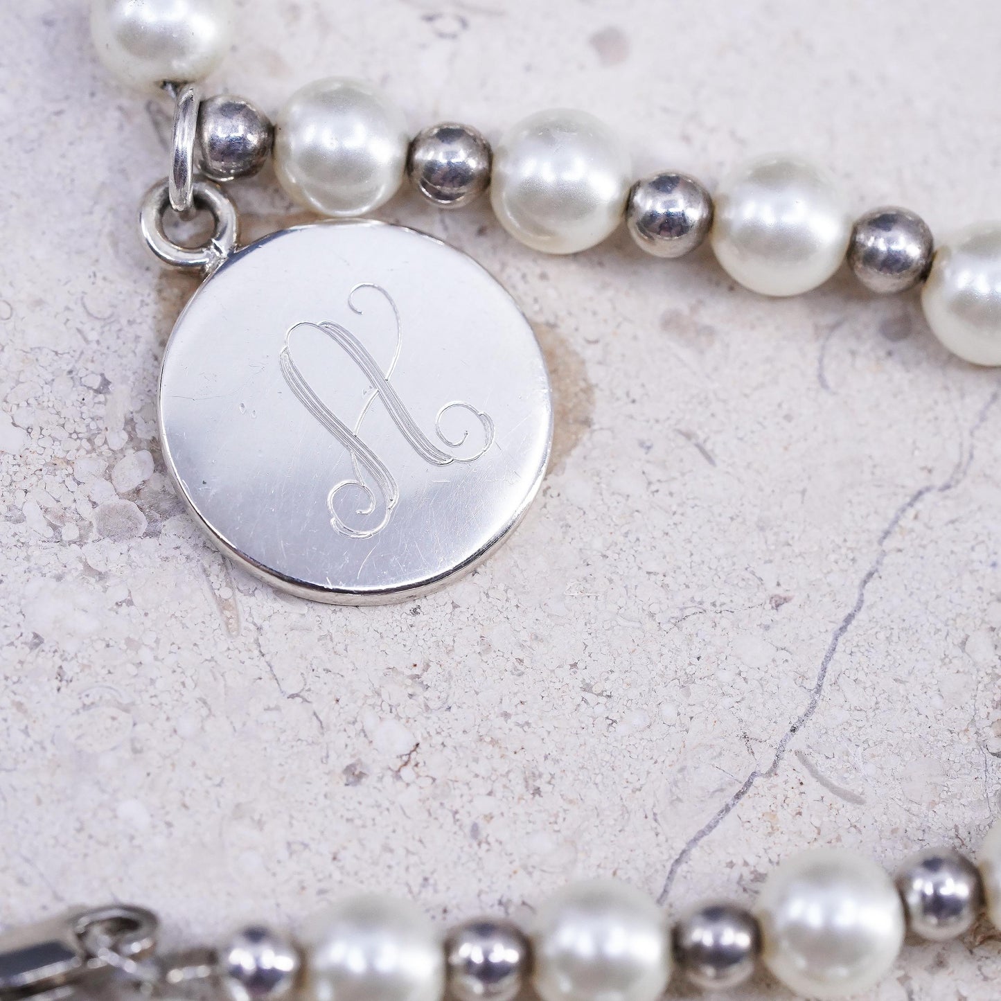 16", vintage sterling 925 Silver necklace with genuine pearl beads tag Letter A