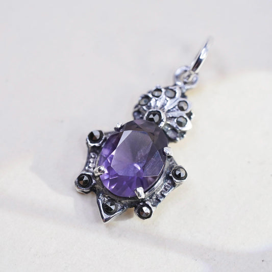 Vintage 925 Sterling silver handmade charm pendant with amethyst and marcasite