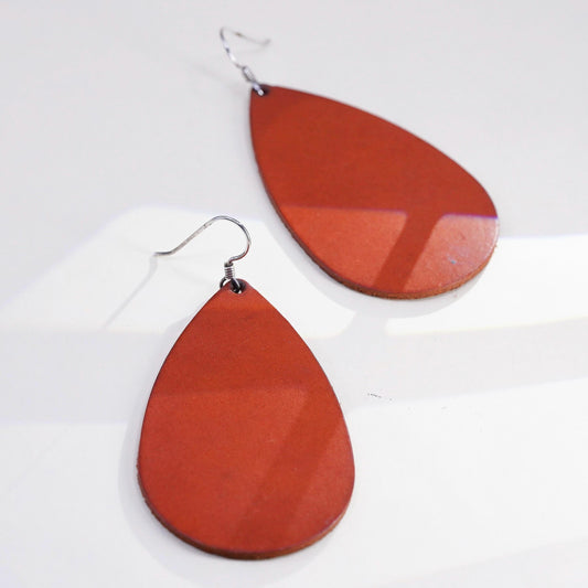 Vintage 925 Sterling Silver handmade Earrings with red leather teardrop