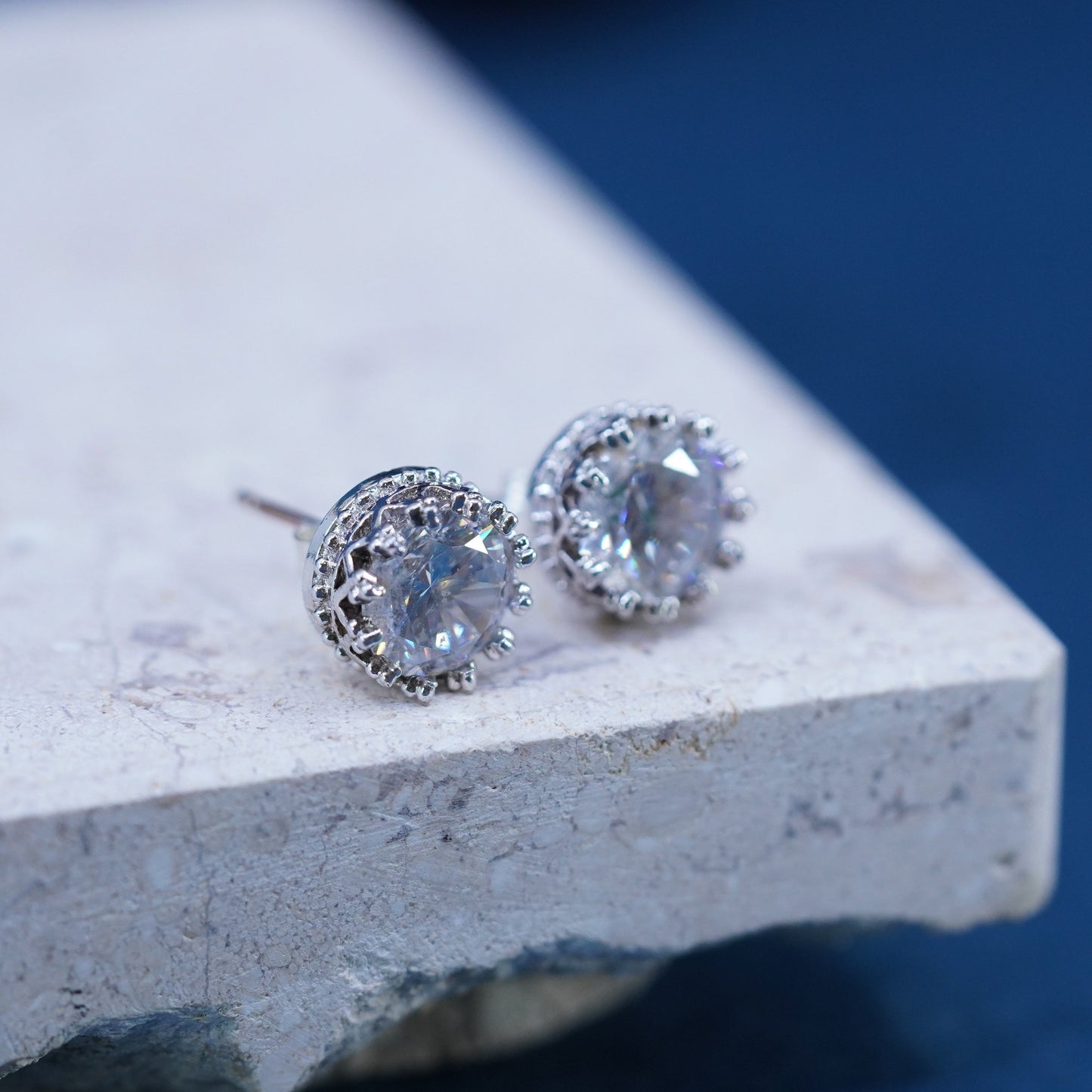 Vintage sterling silver handmade earrings, 925 studs with CZ inlay